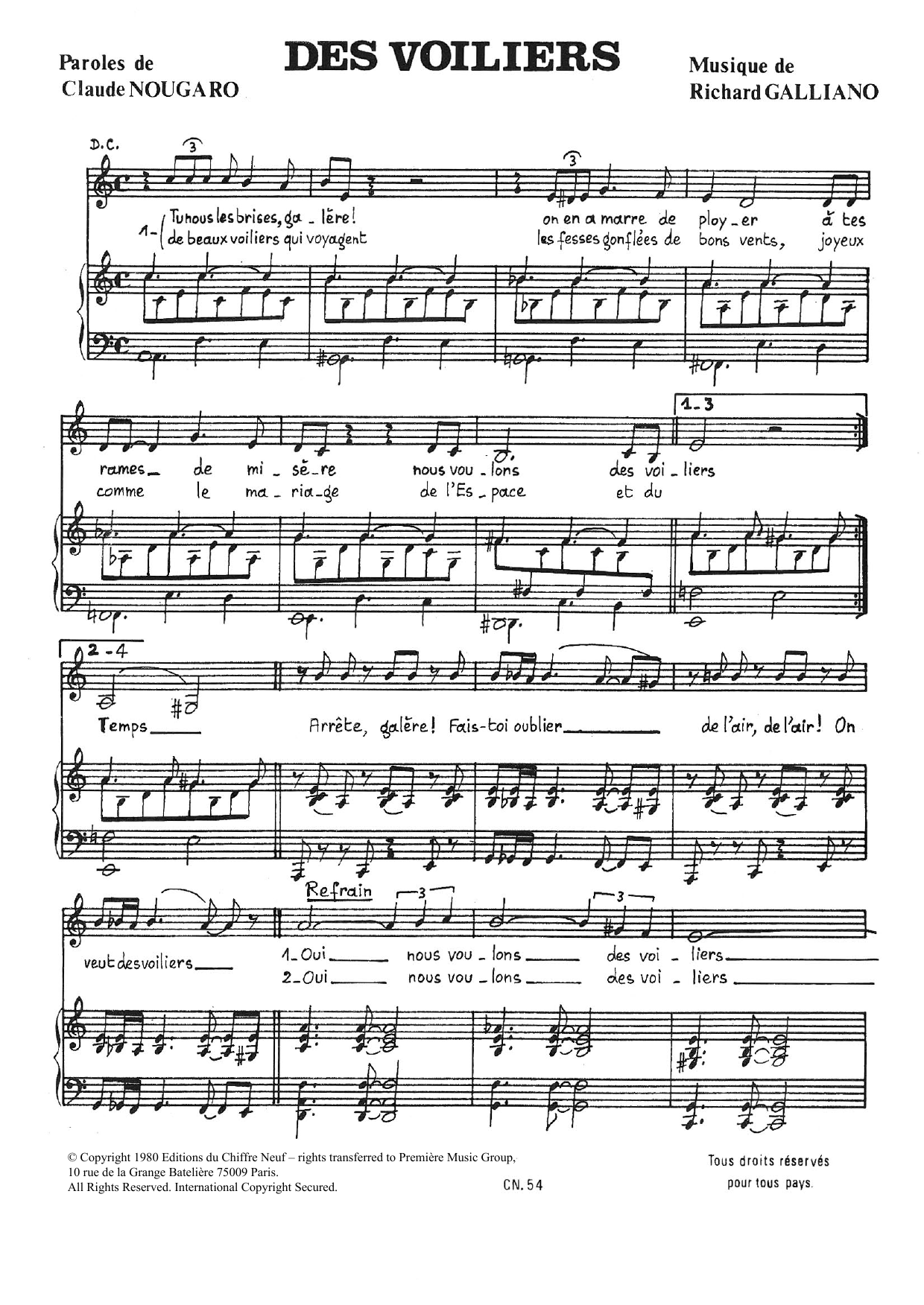 Claude Nougaro Des Voiliers sheet music notes and chords arranged for Piano & Vocal