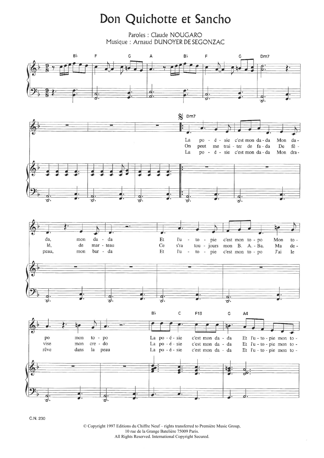 Claude Nougaro Don Quichotte Et Sancho sheet music notes and chords arranged for Piano & Vocal