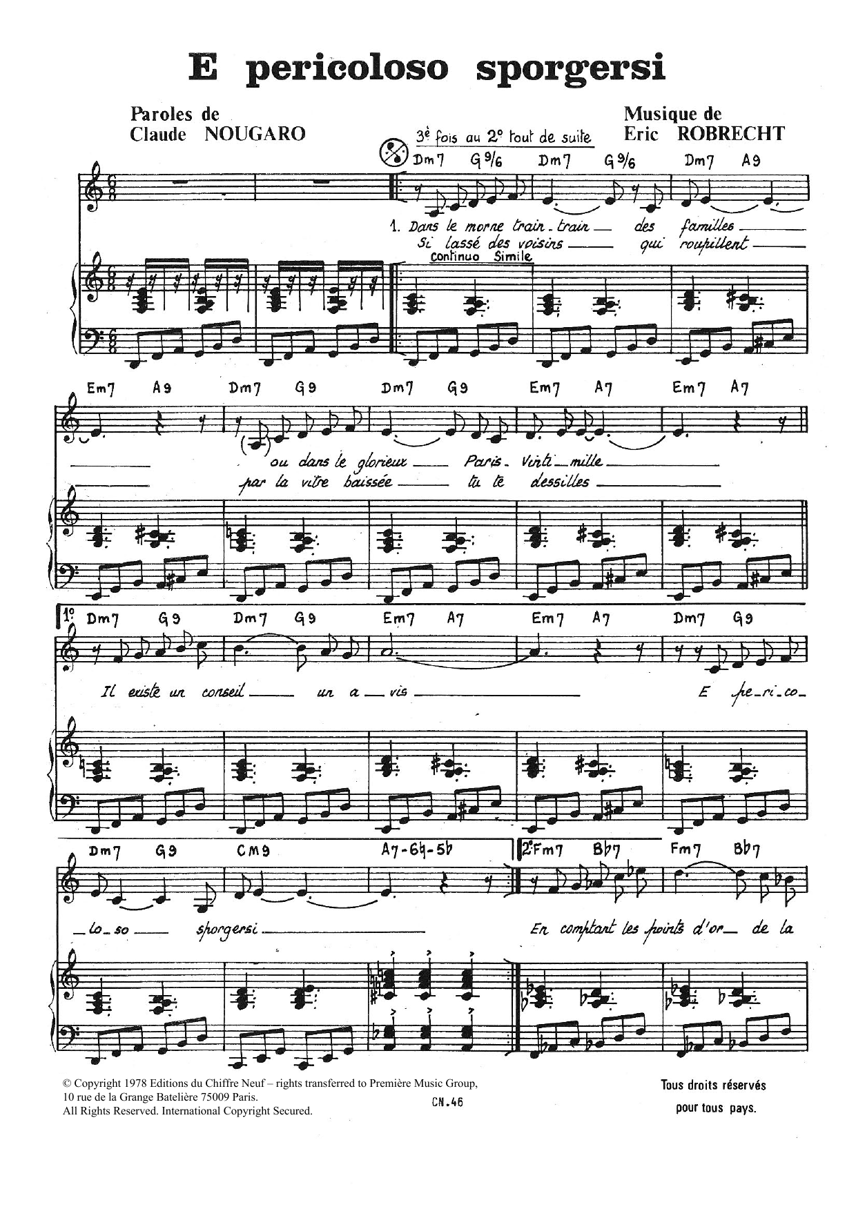 Claude Nougaro E Pericoloso Sporgersi sheet music notes and chords arranged for Piano & Vocal