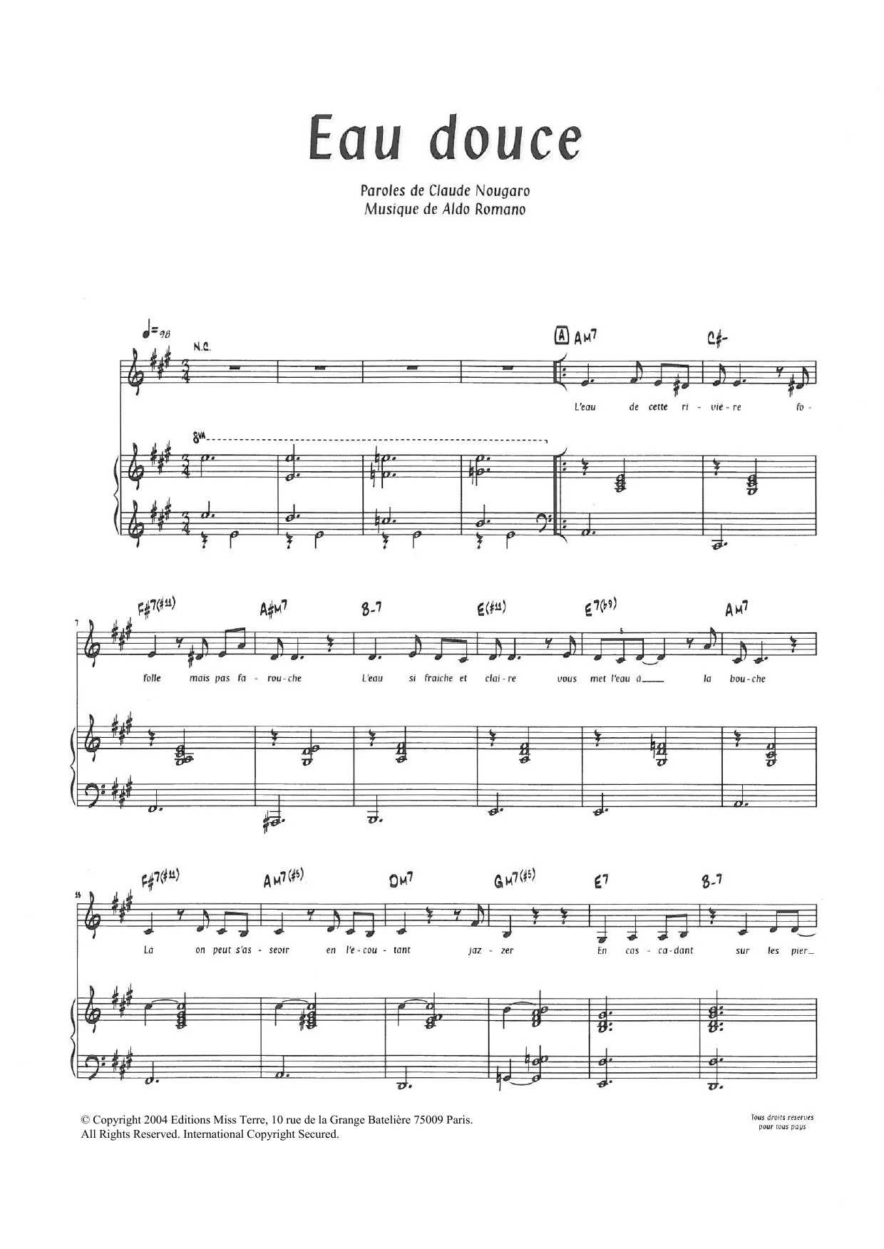 Claude Nougaro Eau Douce sheet music notes and chords arranged for Piano & Vocal