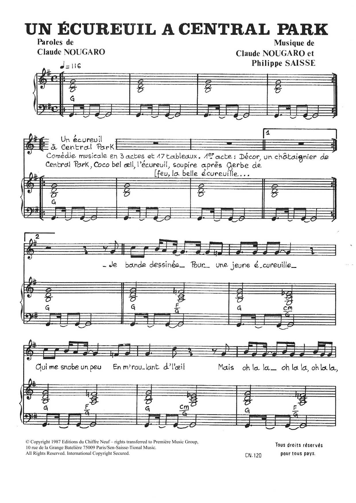 Claude Nougaro Ecureuil A Central Park sheet music notes and chords arranged for Piano & Vocal