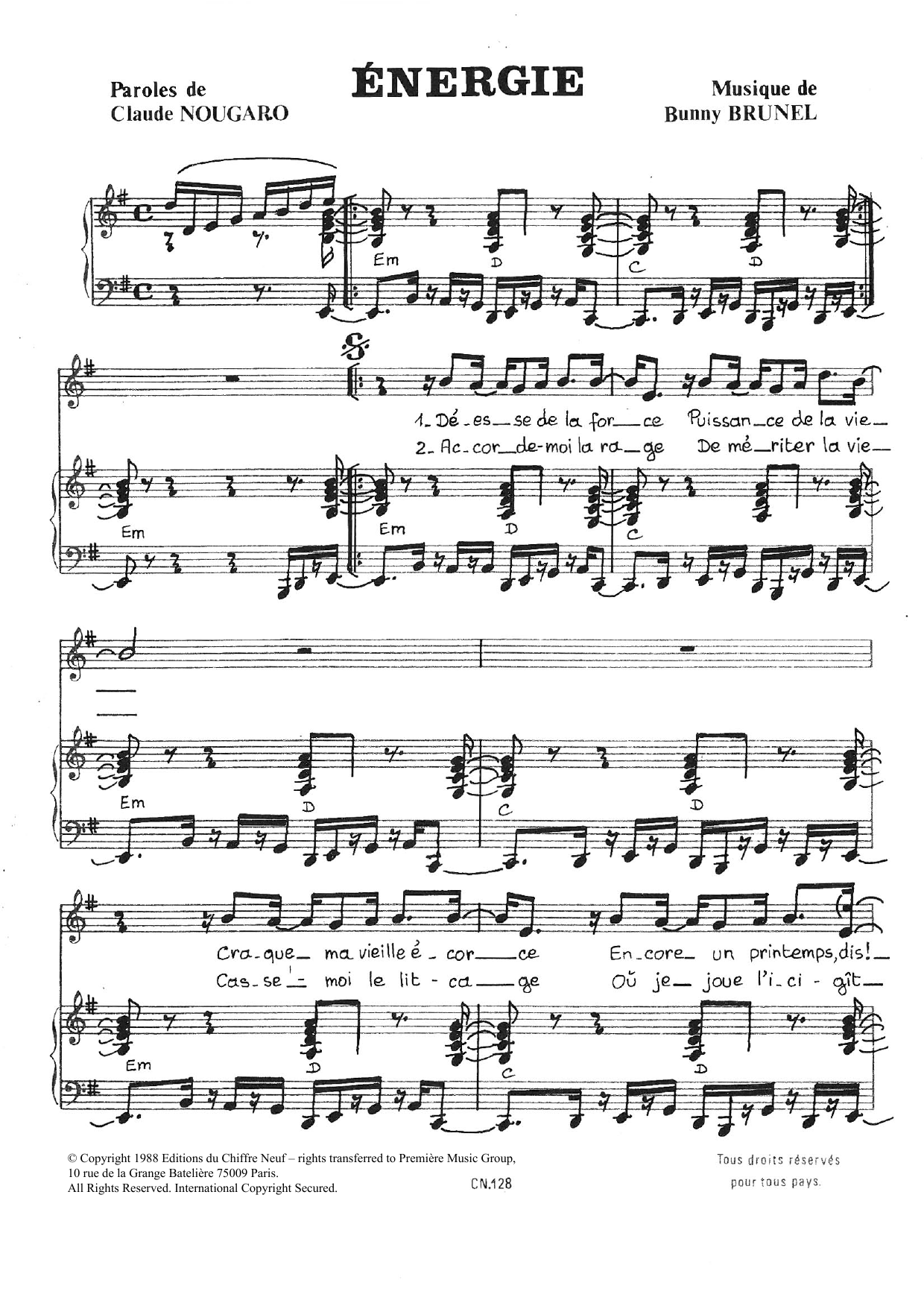 Claude Nougaro Energie sheet music notes and chords arranged for Piano & Vocal
