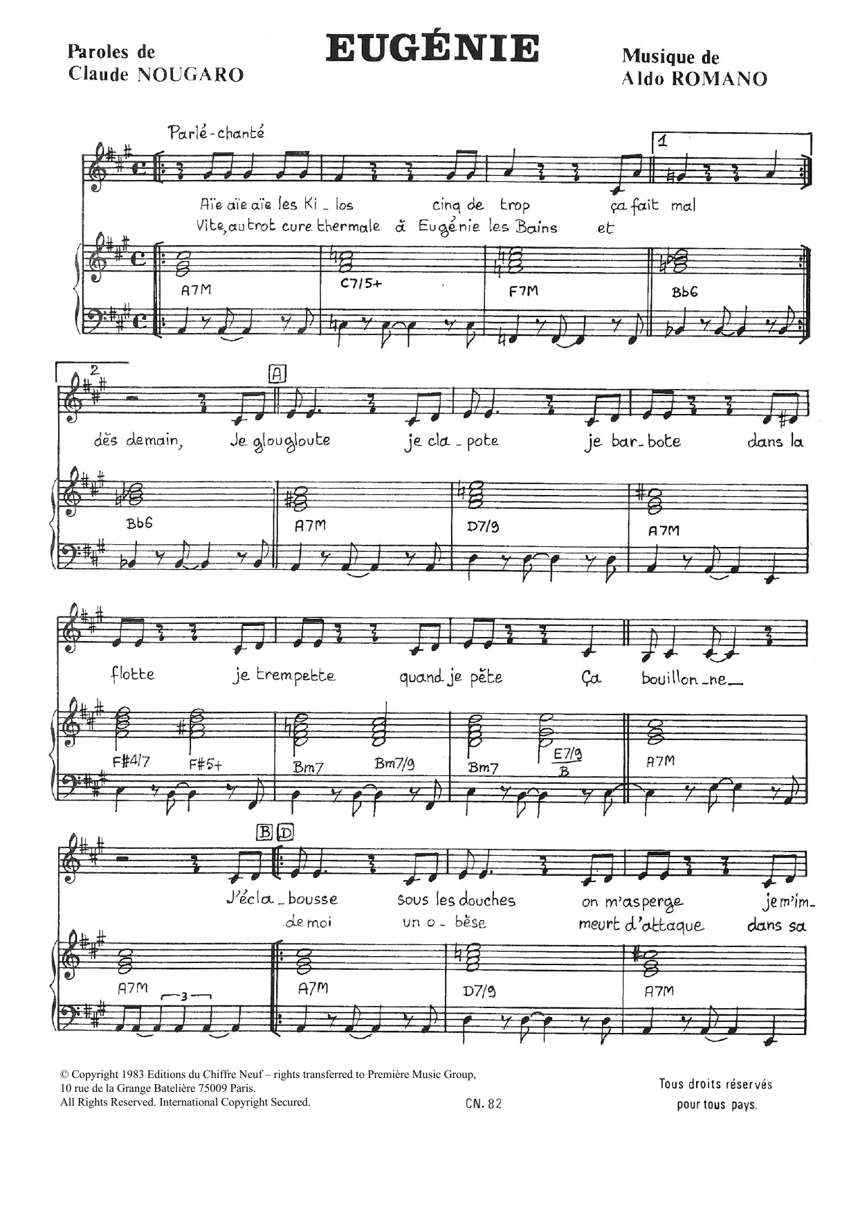 Claude Nougaro Eugenie sheet music notes and chords arranged for Piano & Vocal