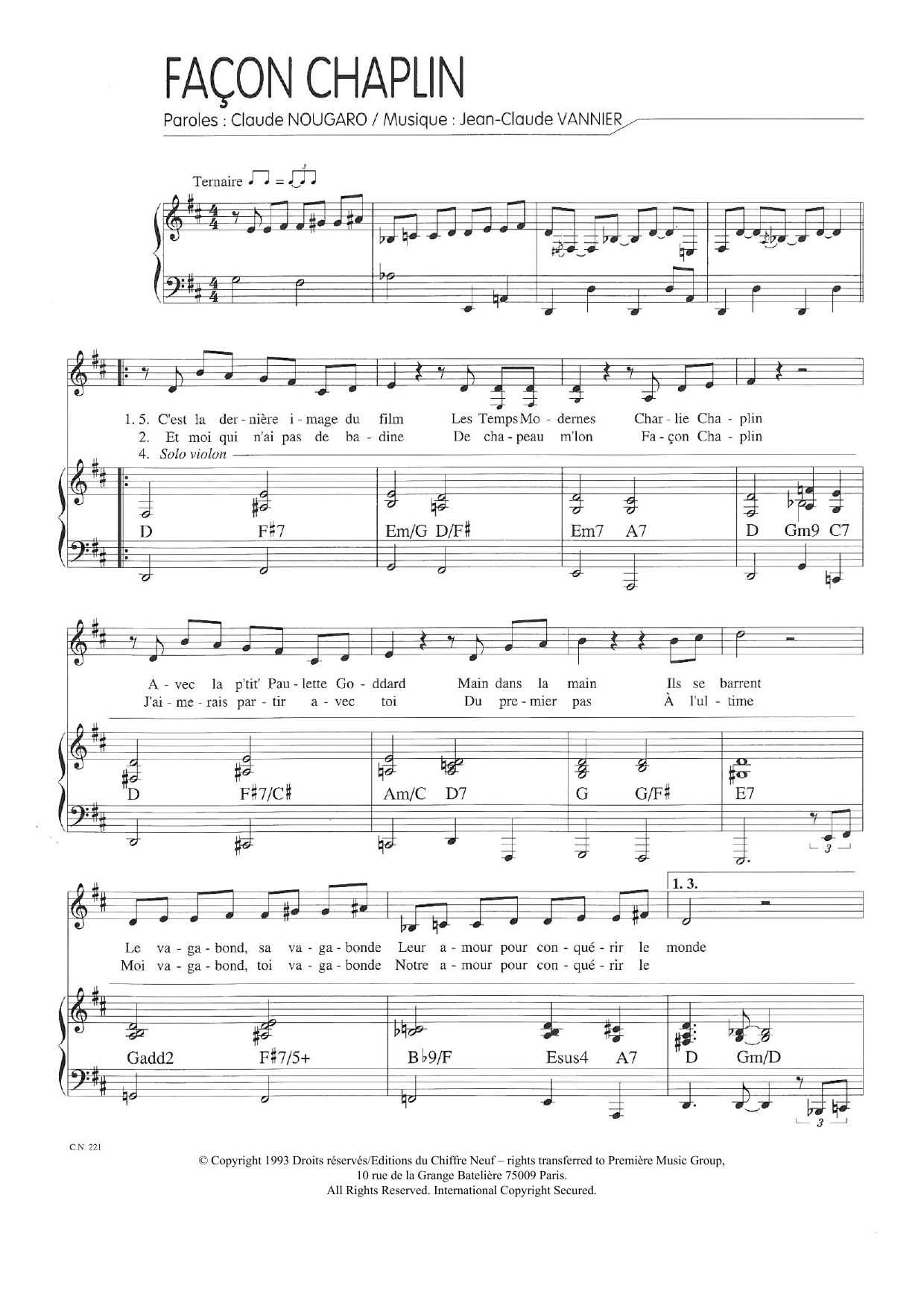 Claude Nougaro Facon Chaplin sheet music notes and chords arranged for Piano & Vocal