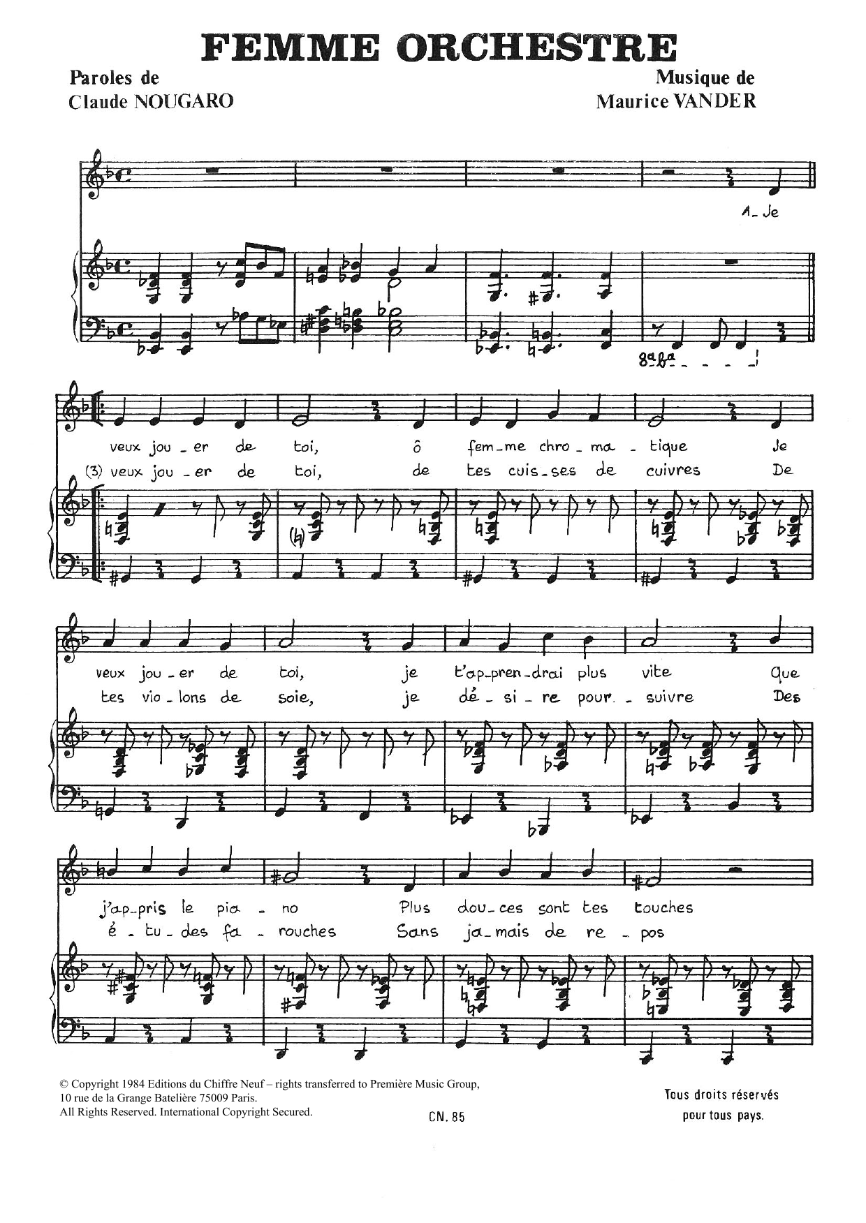 Claude Nougaro Femme Orchestre sheet music notes and chords arranged for Piano & Vocal