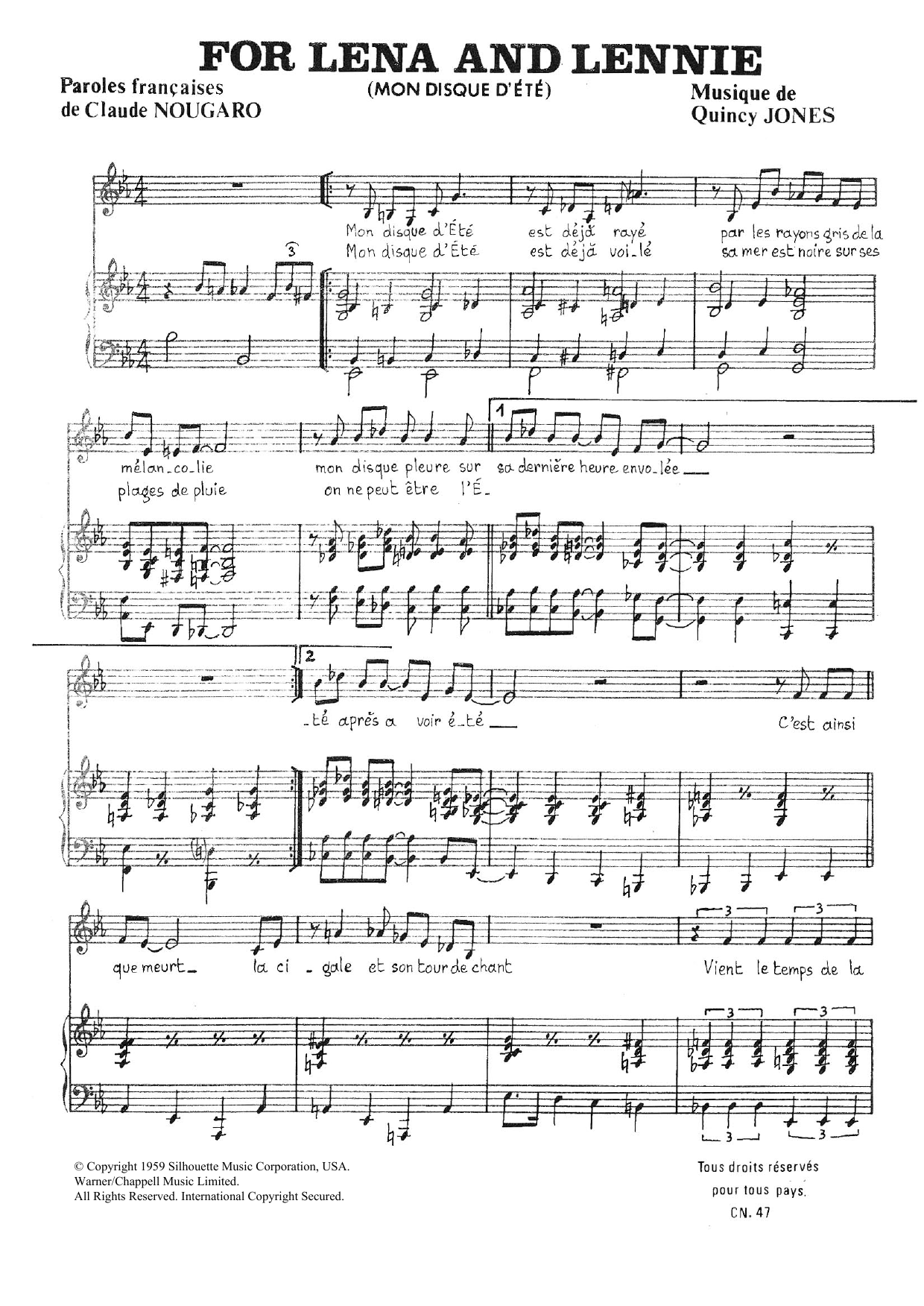 Claude Nougaro For Lena And Lennie sheet music notes and chords arranged for Piano & Vocal