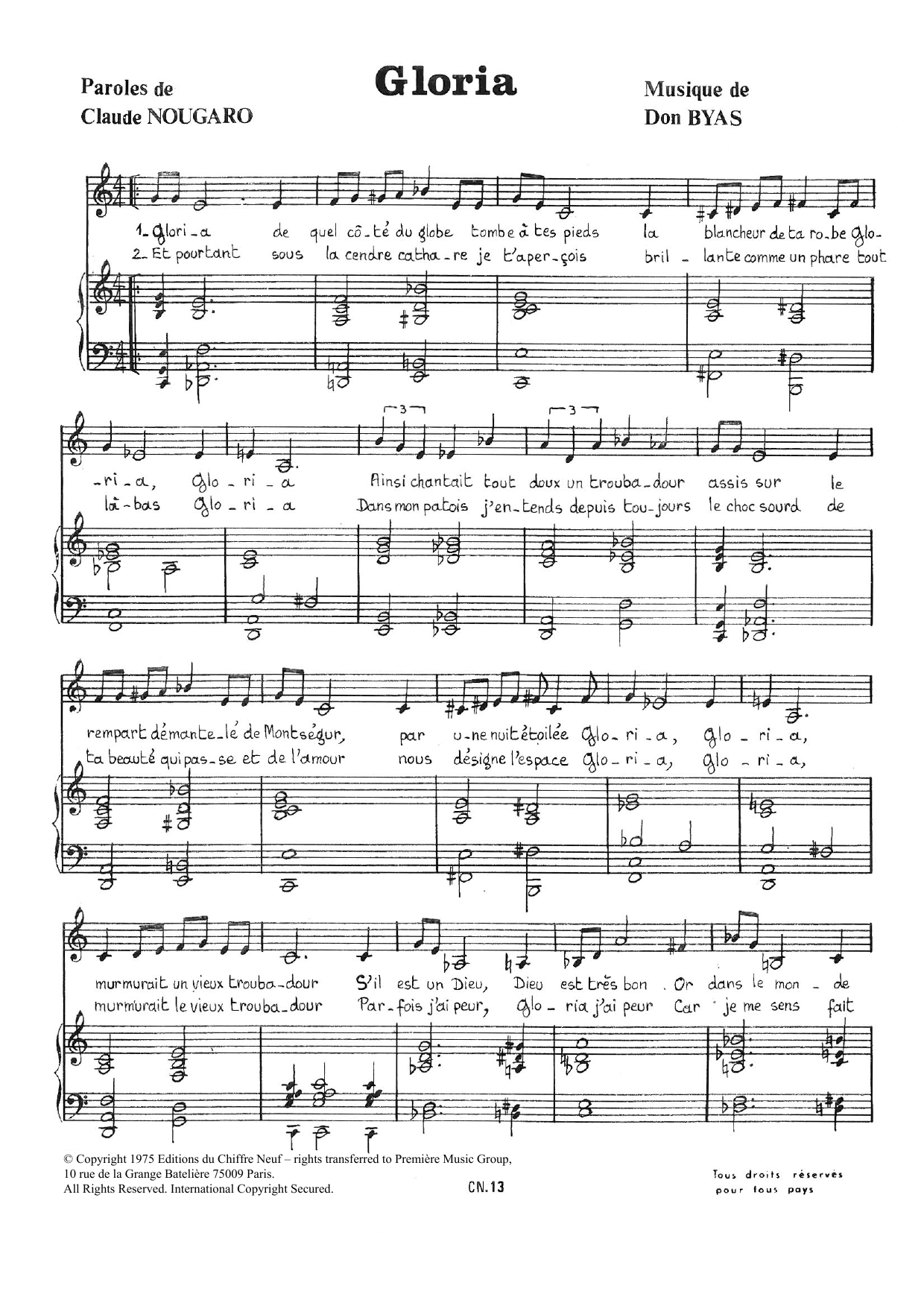 Claude Nougaro Gloria sheet music notes and chords arranged for Piano & Vocal