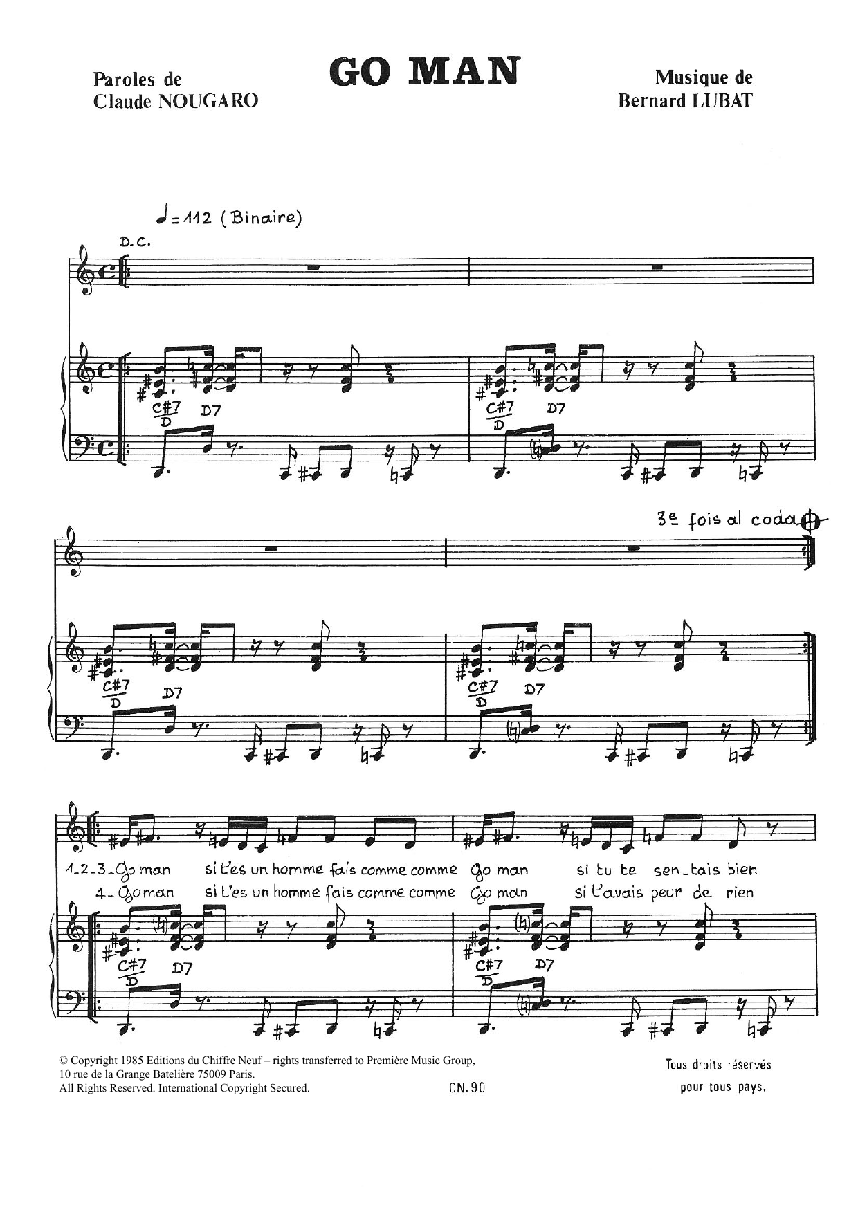Claude Nougaro Go Man sheet music notes and chords arranged for Piano & Vocal