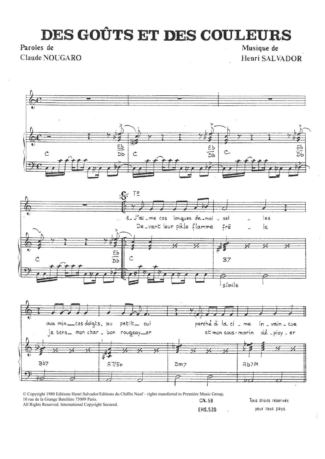 Claude Nougaro Gouts Et Des Couleurs sheet music notes and chords arranged for Piano & Vocal