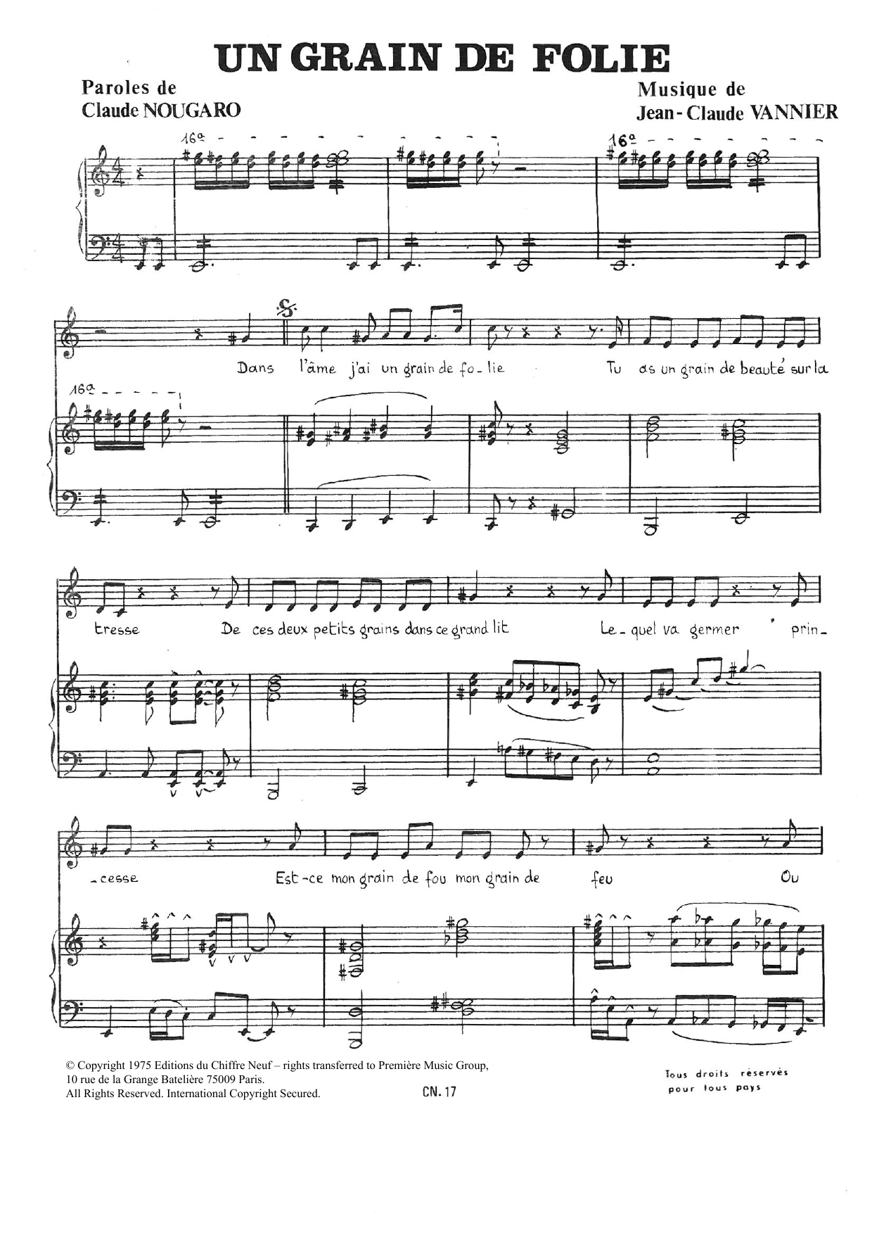 Claude Nougaro Grain De Folie sheet music notes and chords arranged for Piano & Vocal