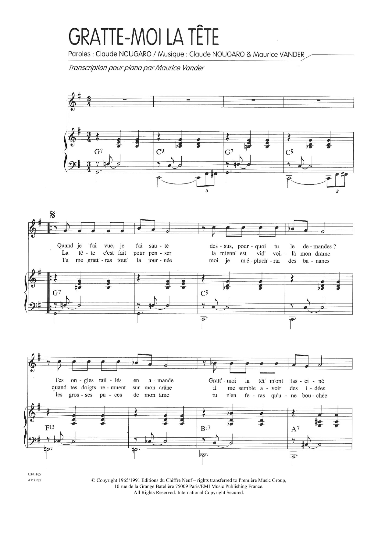 Claude Nougaro Gratte Moi La Tete sheet music notes and chords arranged for Piano & Vocal