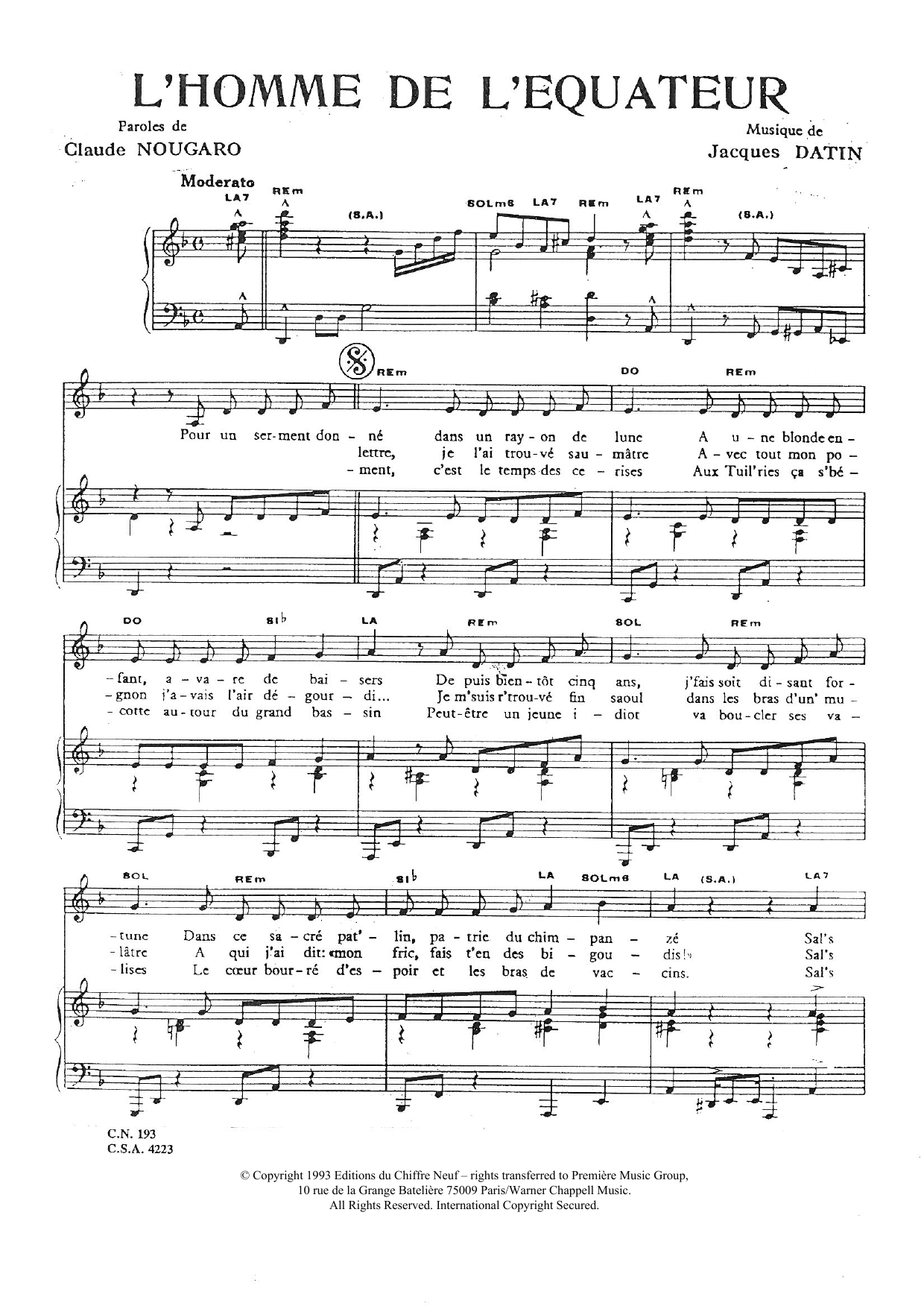 Claude Nougaro Homme De L'equateur sheet music notes and chords arranged for Piano & Vocal