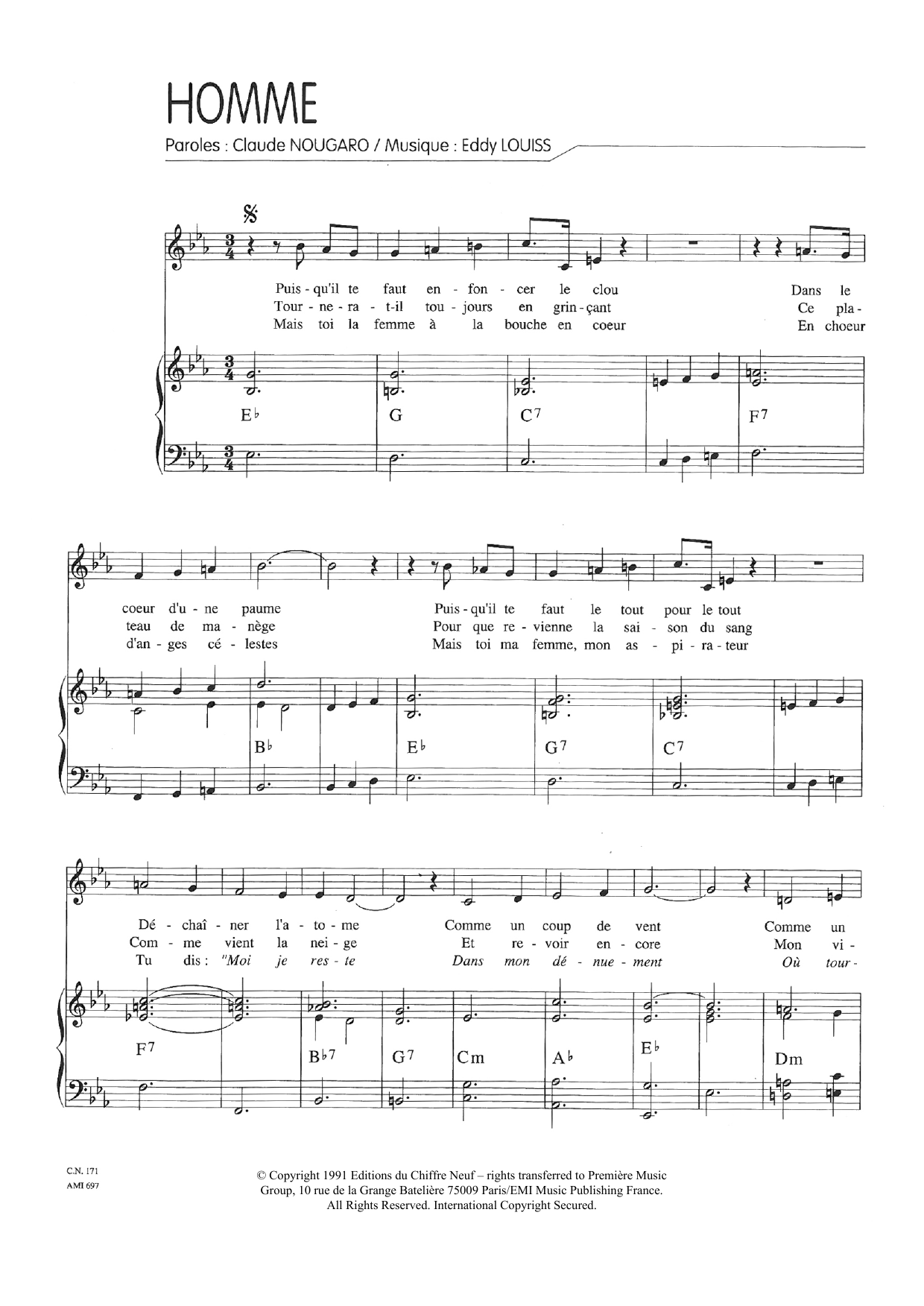 Claude Nougaro Homme sheet music notes and chords arranged for Piano & Vocal