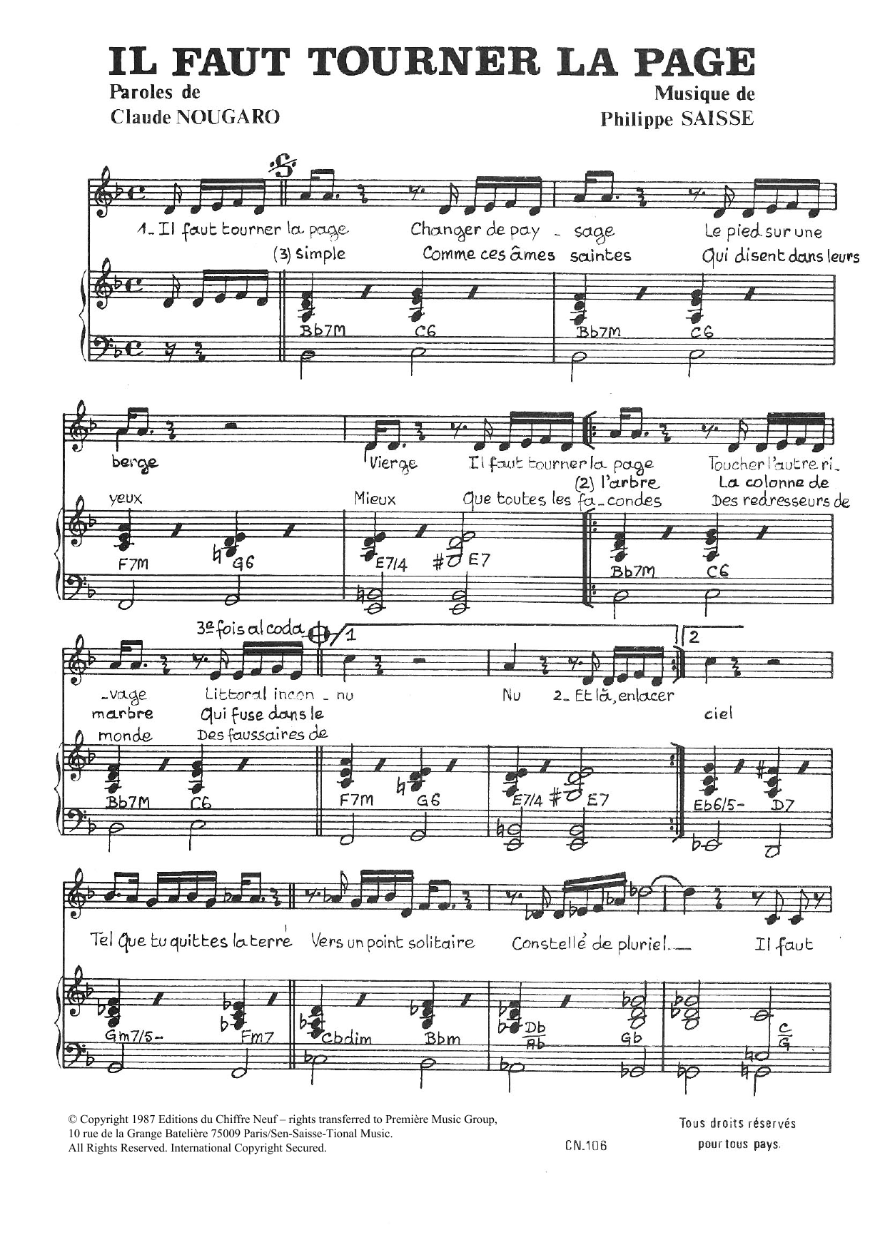 Claude Nougaro Il Faut Tourner La Page sheet music notes and chords arranged for Piano & Vocal