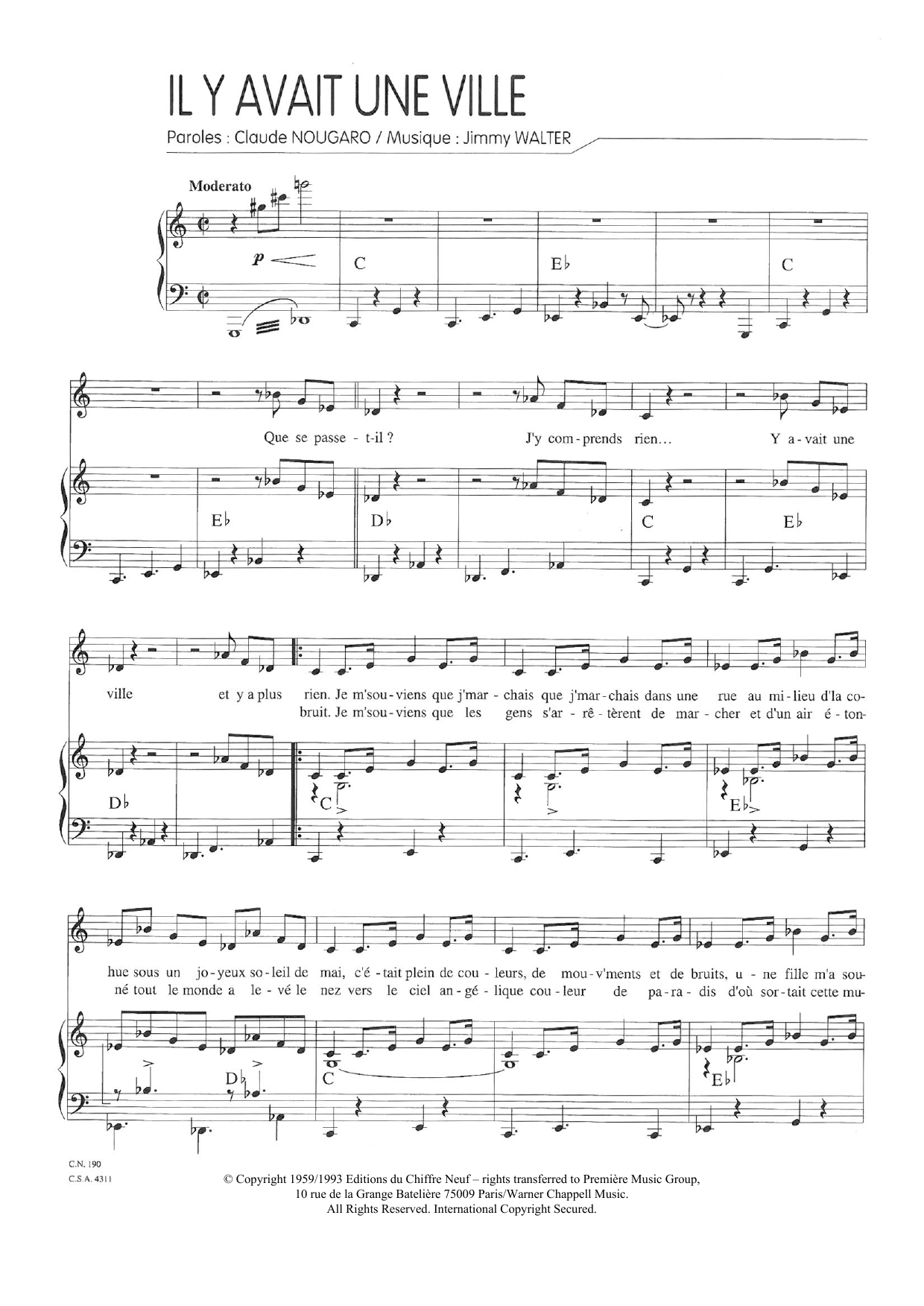 Claude Nougaro Il Y Avait Une Ville sheet music notes and chords arranged for Piano & Vocal