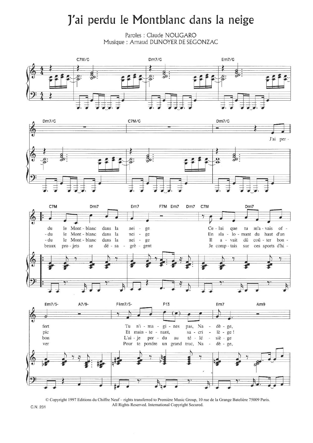 Claude Nougaro J'ai Perdu Le Montblanc Dans La Neige sheet music notes and chords arranged for Piano & Vocal