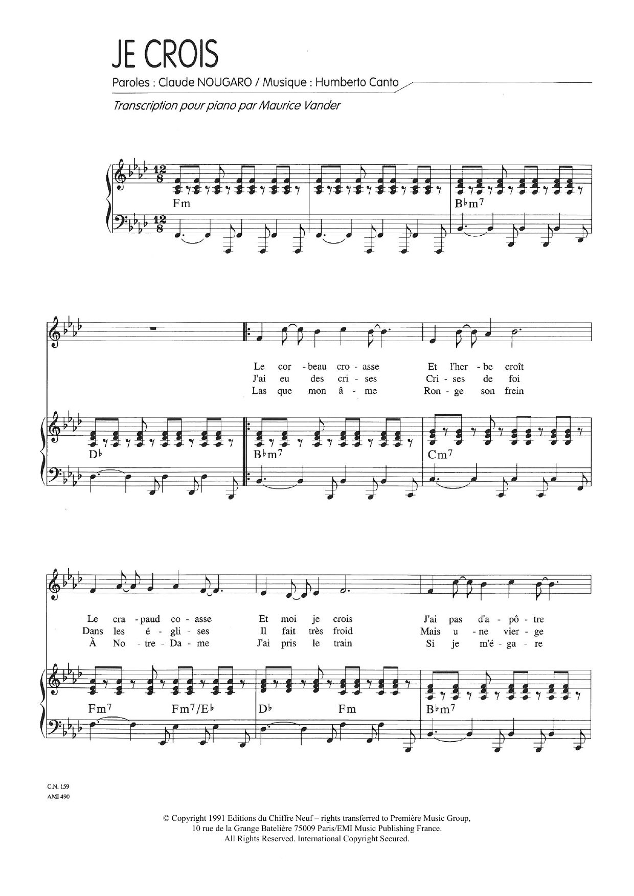 Claude Nougaro Je Crois (Imploracion Negra) sheet music notes and chords arranged for Piano & Vocal