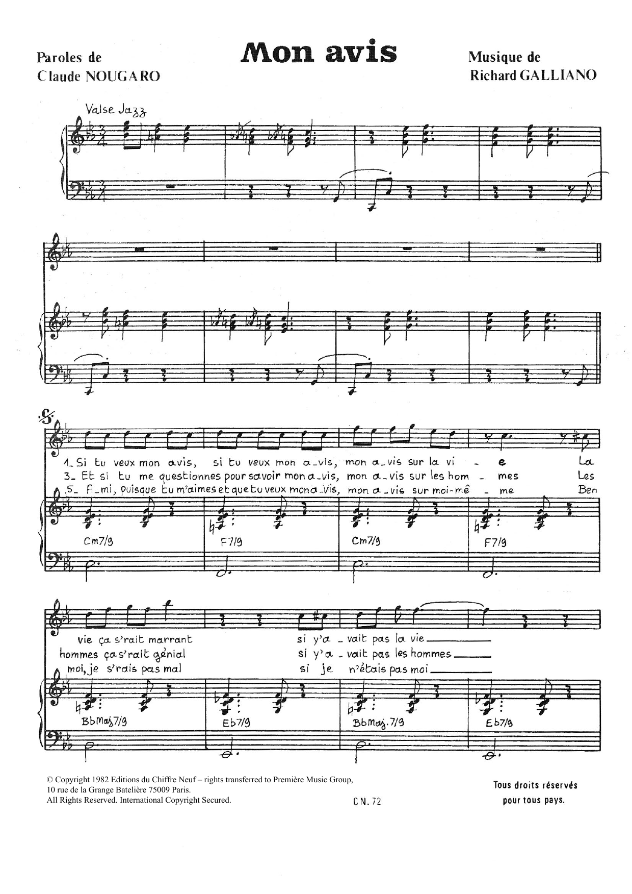 Claude Nougaro Je Ne Suis Pas De Mon Avis sheet music notes and chords arranged for Piano & Vocal