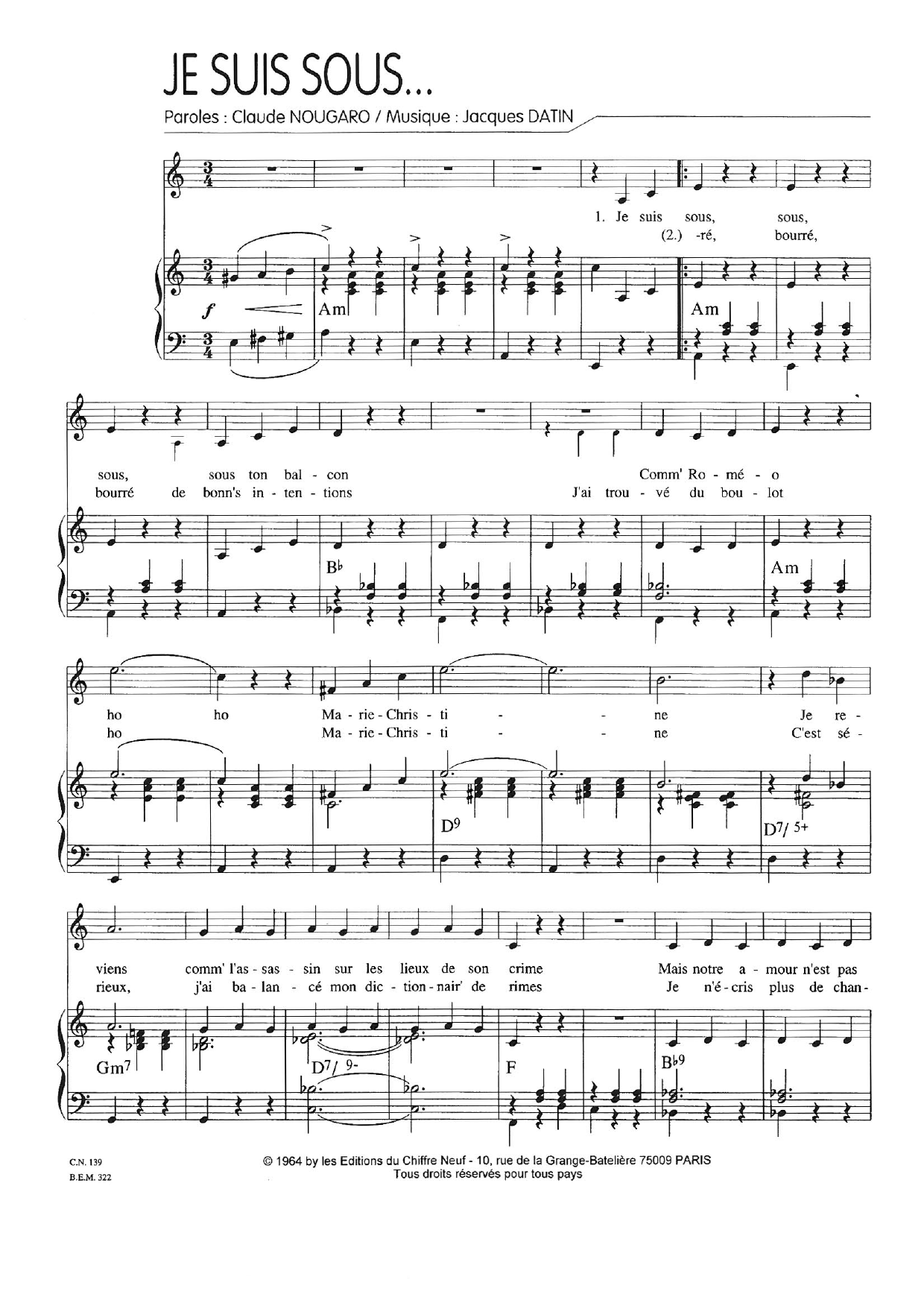 Claude Nougaro Je Suis Sous sheet music notes and chords arranged for Piano & Vocal
