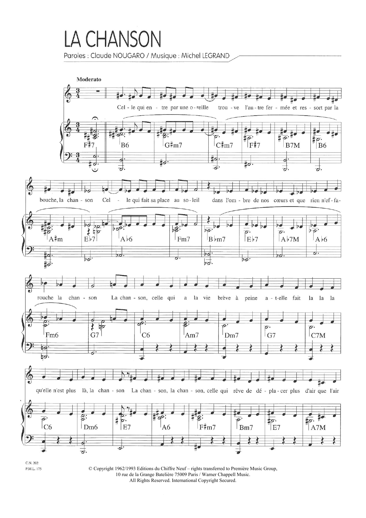 Claude Nougaro La Chanson sheet music notes and chords arranged for Piano & Vocal