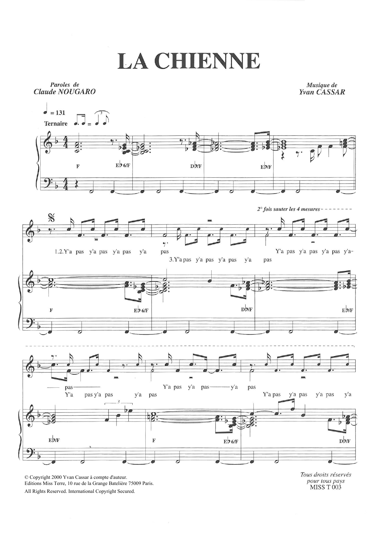 Claude Nougaro La Chienne sheet music notes and chords arranged for Piano & Vocal