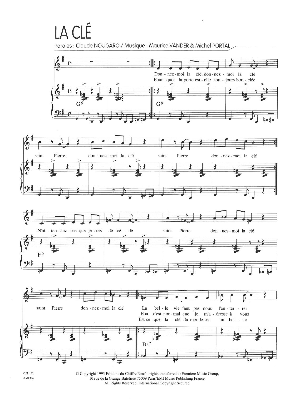 Claude Nougaro La Cle sheet music notes and chords arranged for Piano & Vocal