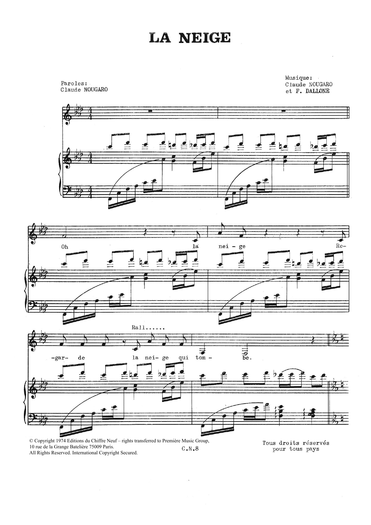Claude Nougaro La Neige sheet music notes and chords arranged for Piano & Vocal
