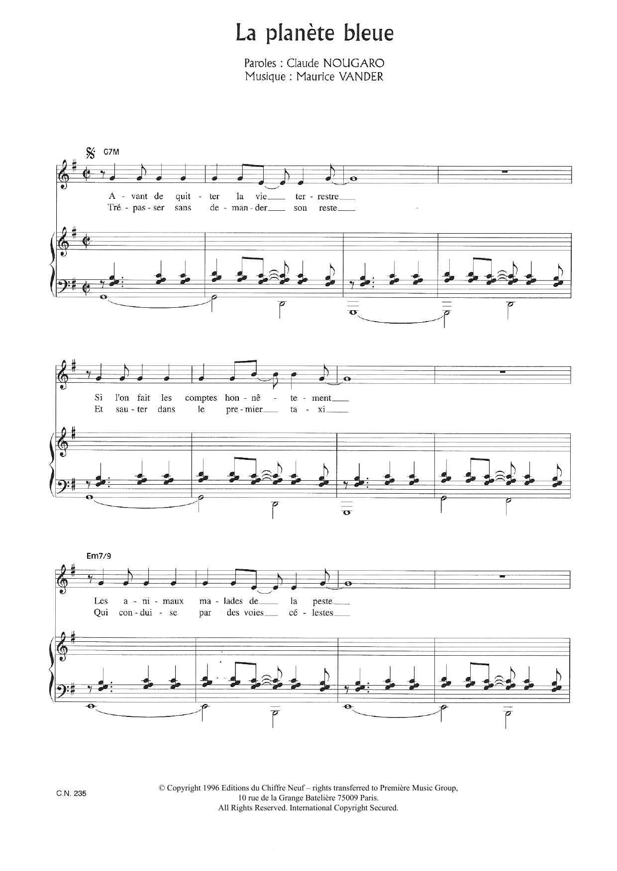 Claude Nougaro La Planete Bleue sheet music notes and chords arranged for Piano & Vocal