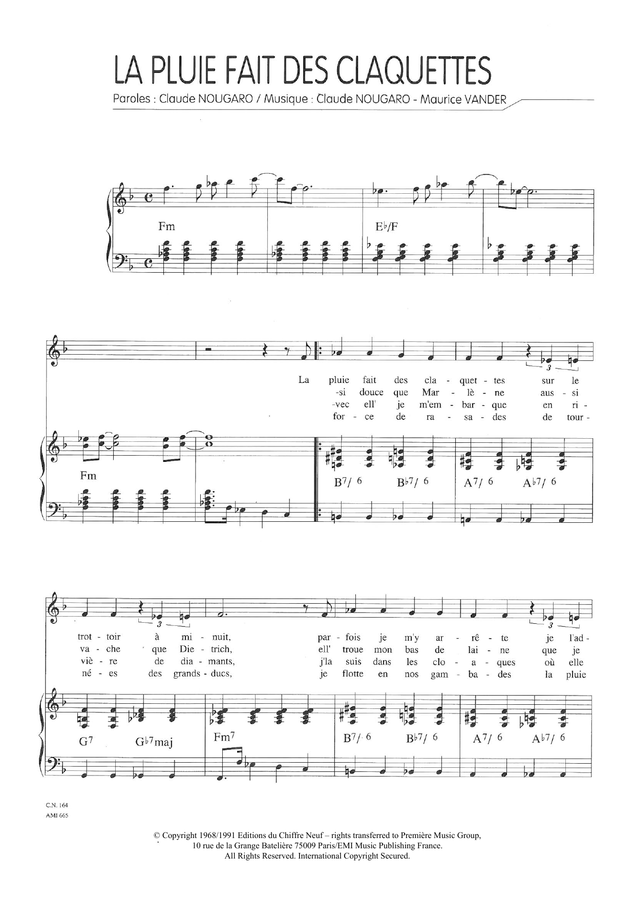 Claude Nougaro La Pluie Fait Des Claquettes sheet music notes and chords arranged for Piano & Vocal