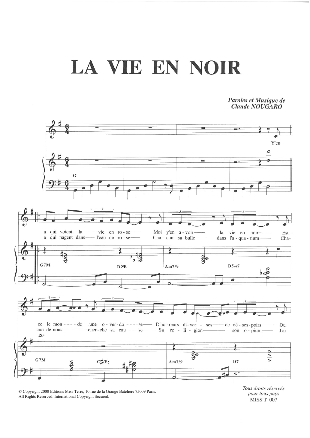 Claude Nougaro La Vie En Noir sheet music notes and chords arranged for Piano & Vocal