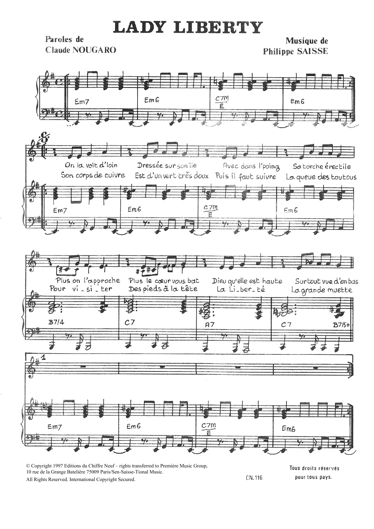 Claude Nougaro Lady Liberty sheet music notes and chords arranged for Piano & Vocal