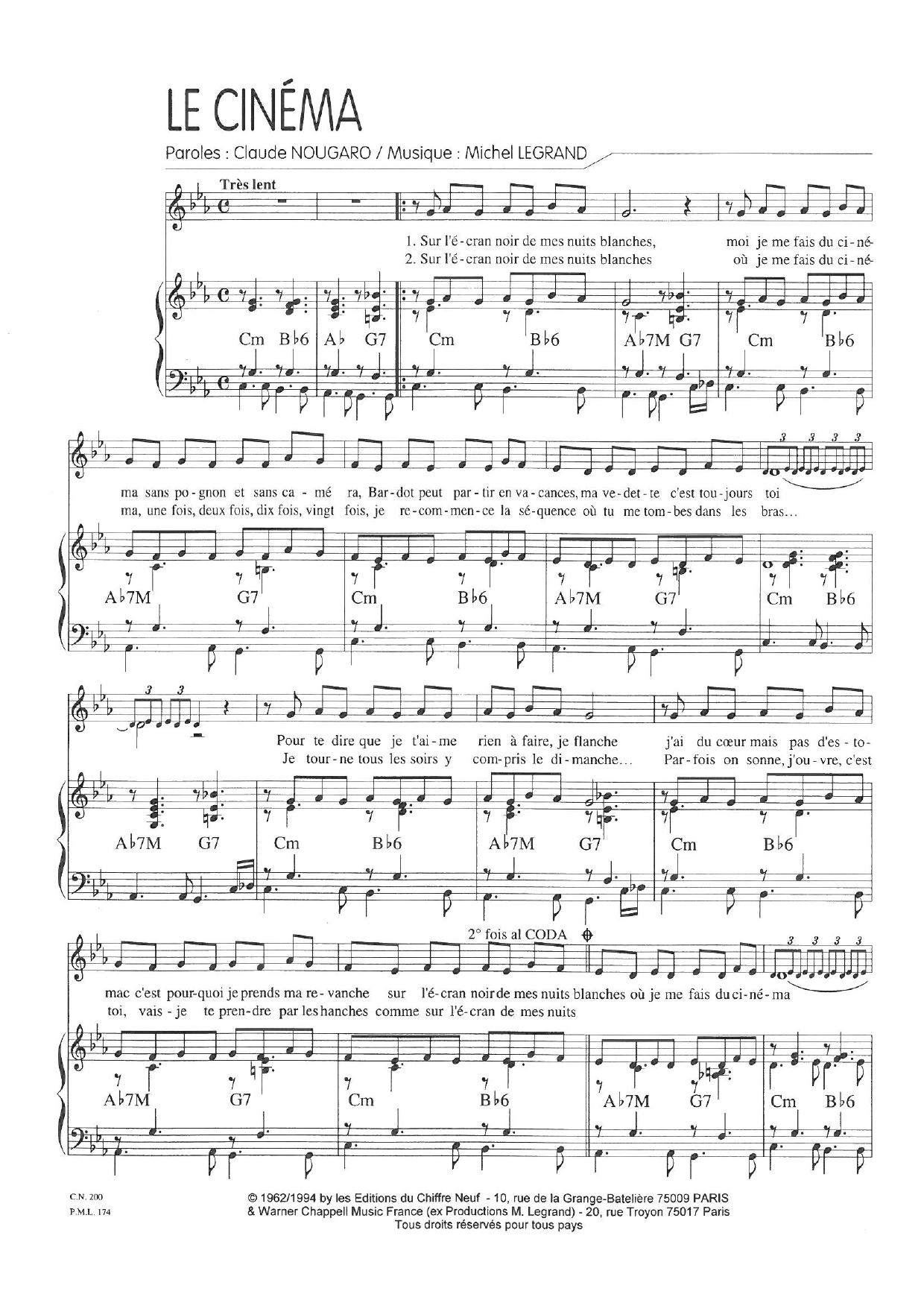 Claude Nougaro Le Cinema sheet music notes and chords arranged for Piano & Vocal