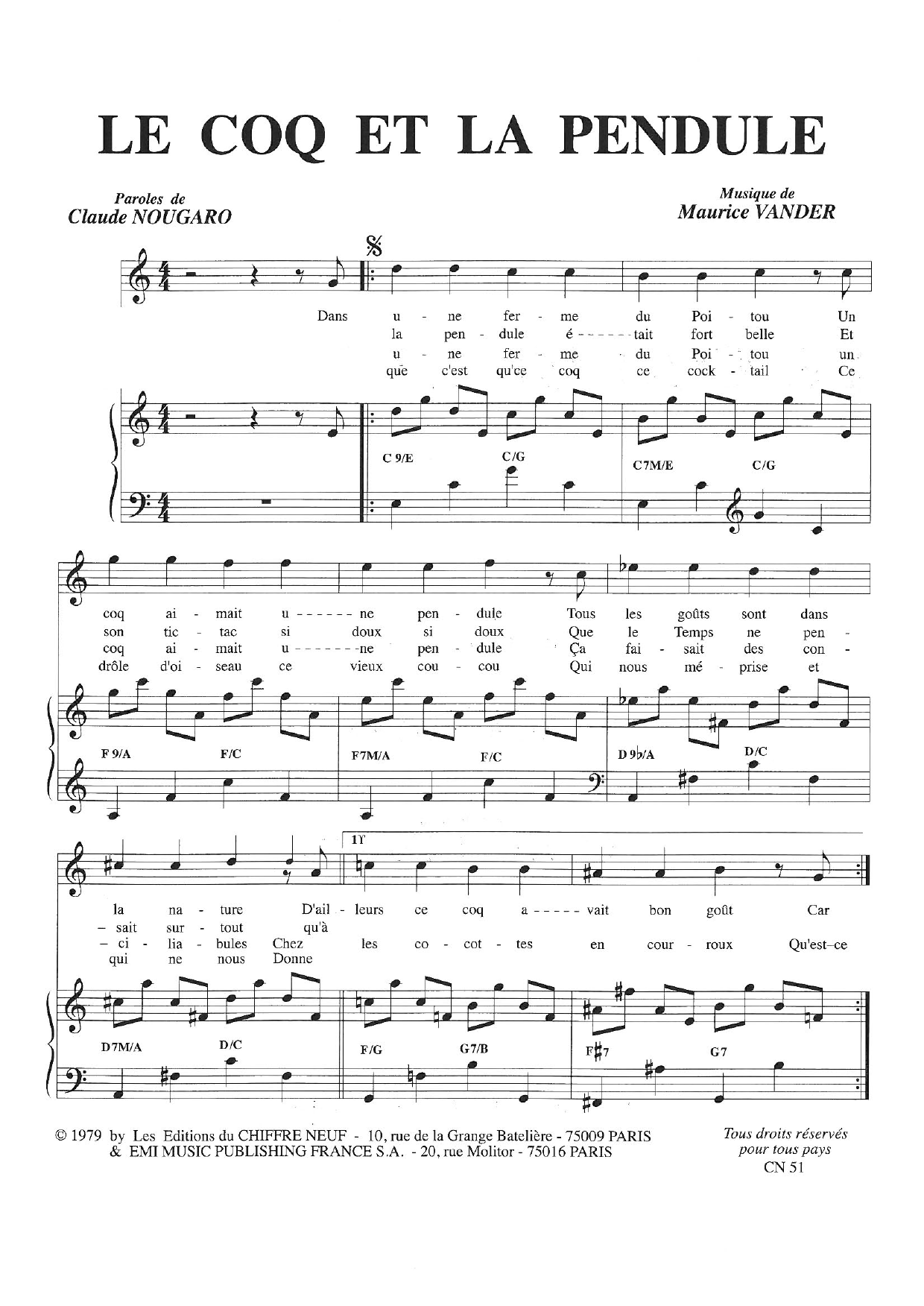 Claude Nougaro Le Coq Et La Pendule sheet music notes and chords arranged for Piano & Vocal