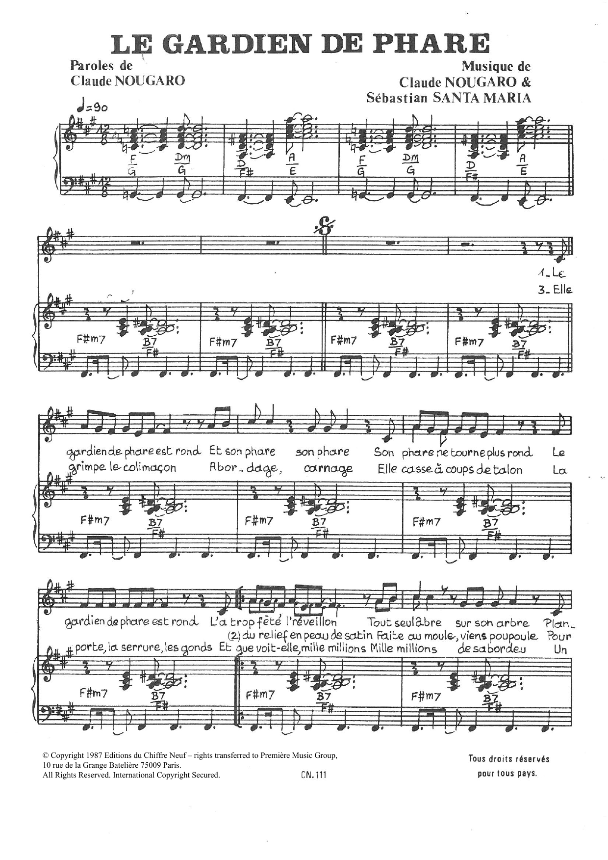 Claude Nougaro Le Gardien De Phare sheet music notes and chords arranged for Piano & Vocal