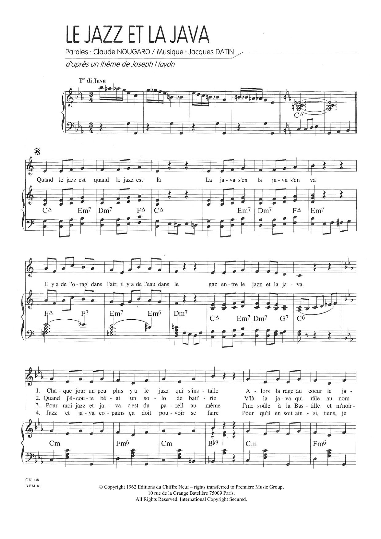 Claude Nougaro Le Jazz Et La Java sheet music notes and chords arranged for Piano & Vocal