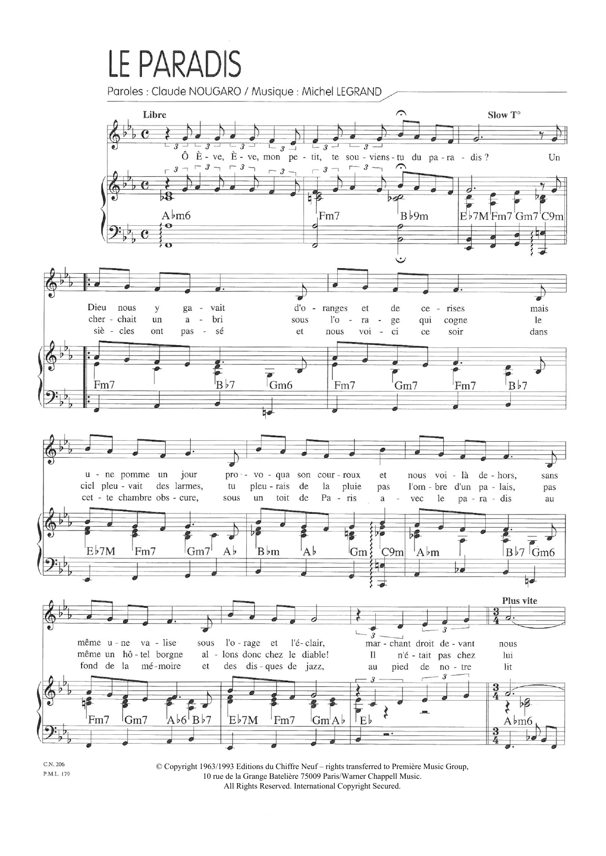 Claude Nougaro Le Paradis sheet music notes and chords arranged for Piano & Vocal