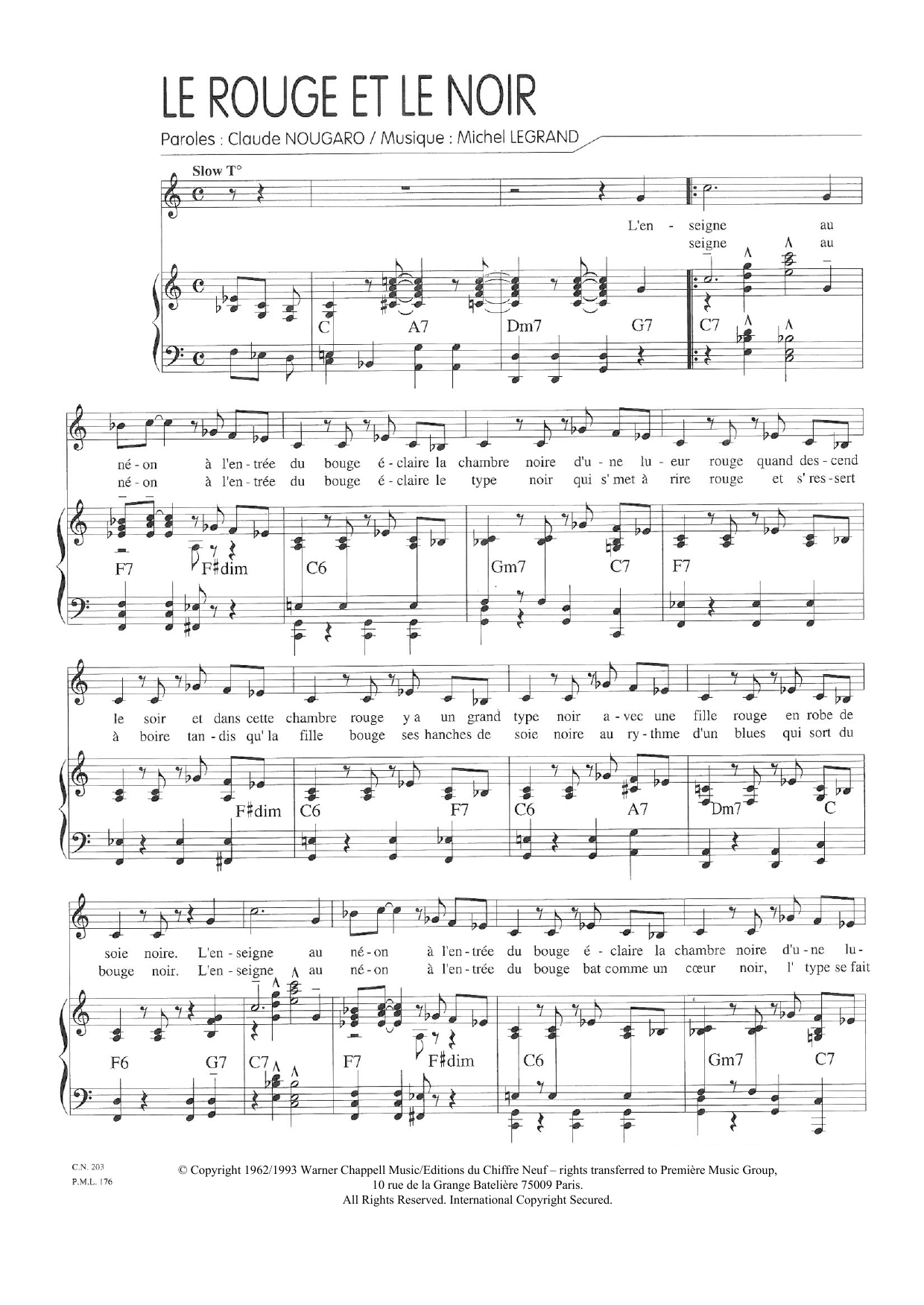 Claude Nougaro Le Rouge Et Le Noir sheet music notes and chords arranged for Piano & Vocal