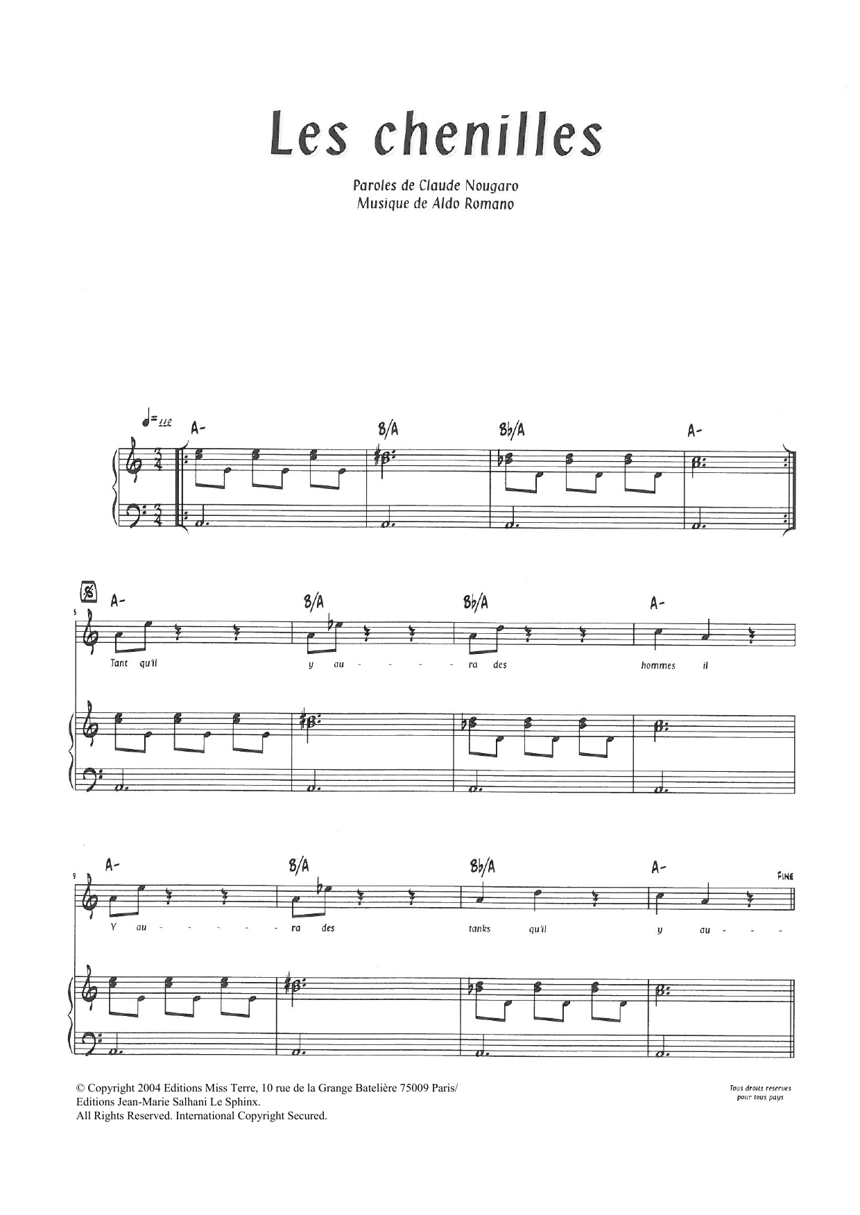Claude Nougaro Les Chenilles sheet music notes and chords arranged for Piano & Vocal