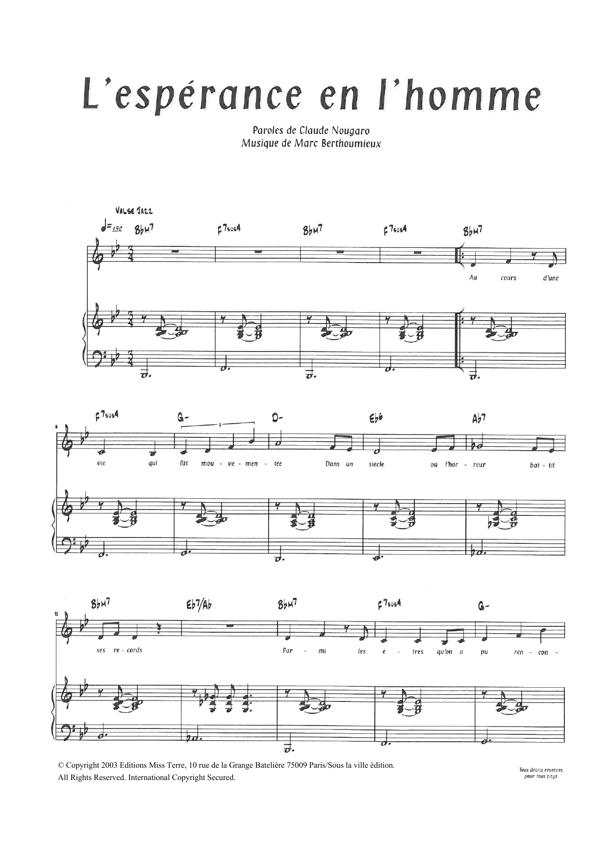 Claude Nougaro L'Esperance En L'Homme sheet music notes and chords arranged for Piano & Vocal