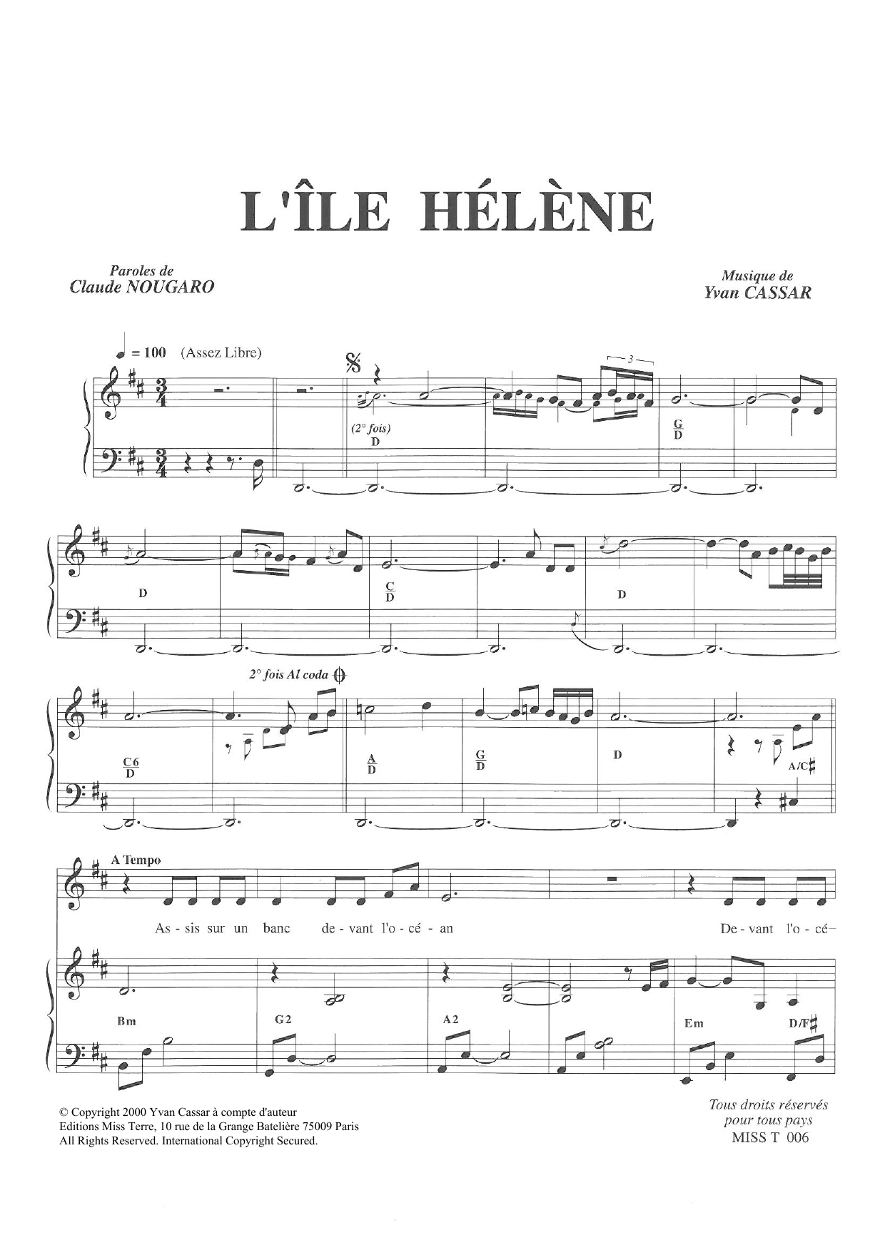 Claude Nougaro L'Ile Helene sheet music notes and chords arranged for Piano & Vocal