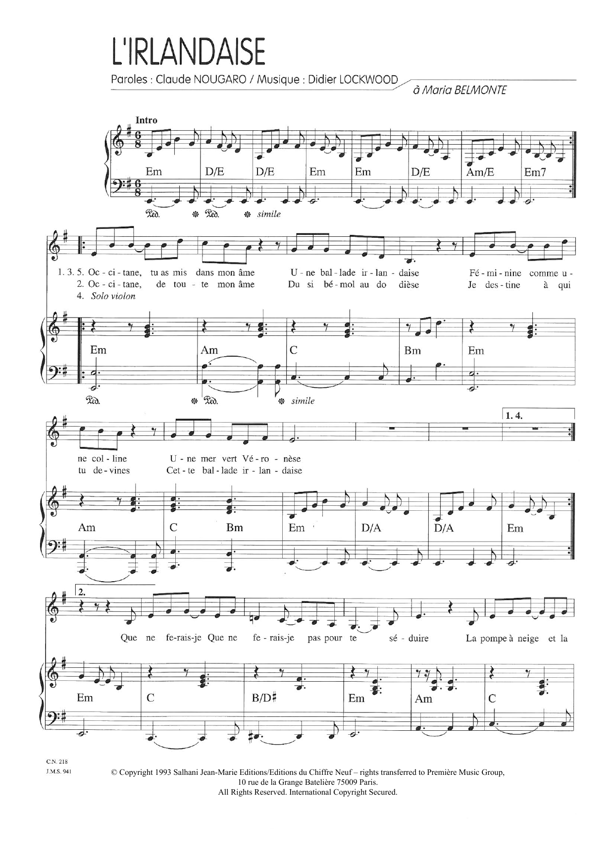 Claude Nougaro L'Irlandaise sheet music notes and chords arranged for Piano & Vocal