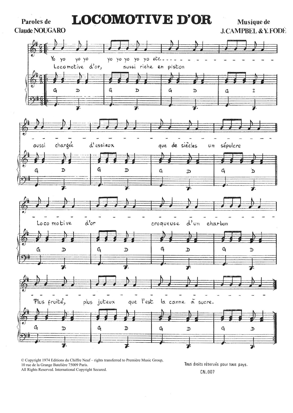 Claude Nougaro Locomotive D'or sheet music notes and chords arranged for Piano & Vocal