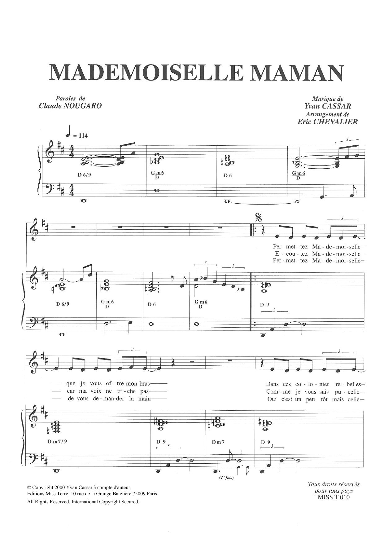Claude Nougaro Mademoiselle Maman sheet music notes and chords arranged for Piano & Vocal