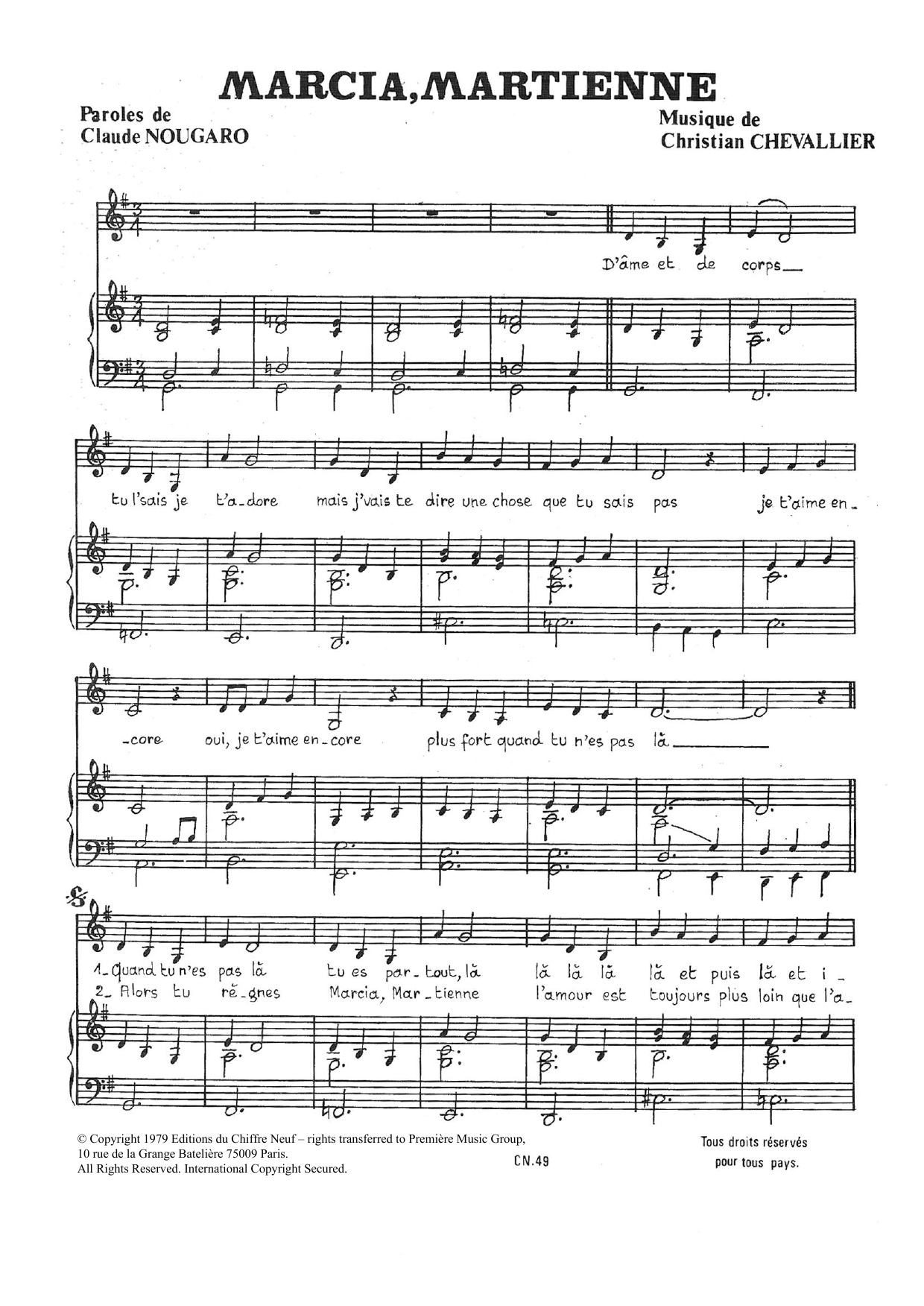 Claude Nougaro Marcia Martienne sheet music notes and chords arranged for Piano & Vocal