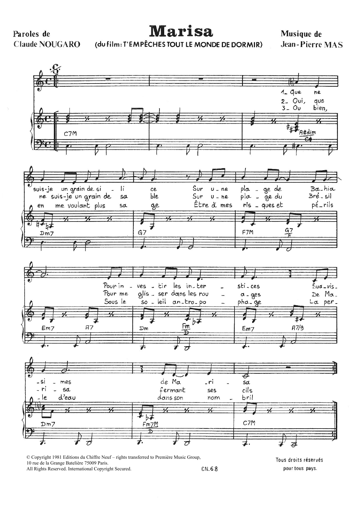 Claude Nougaro Marisa sheet music notes and chords arranged for Piano & Vocal