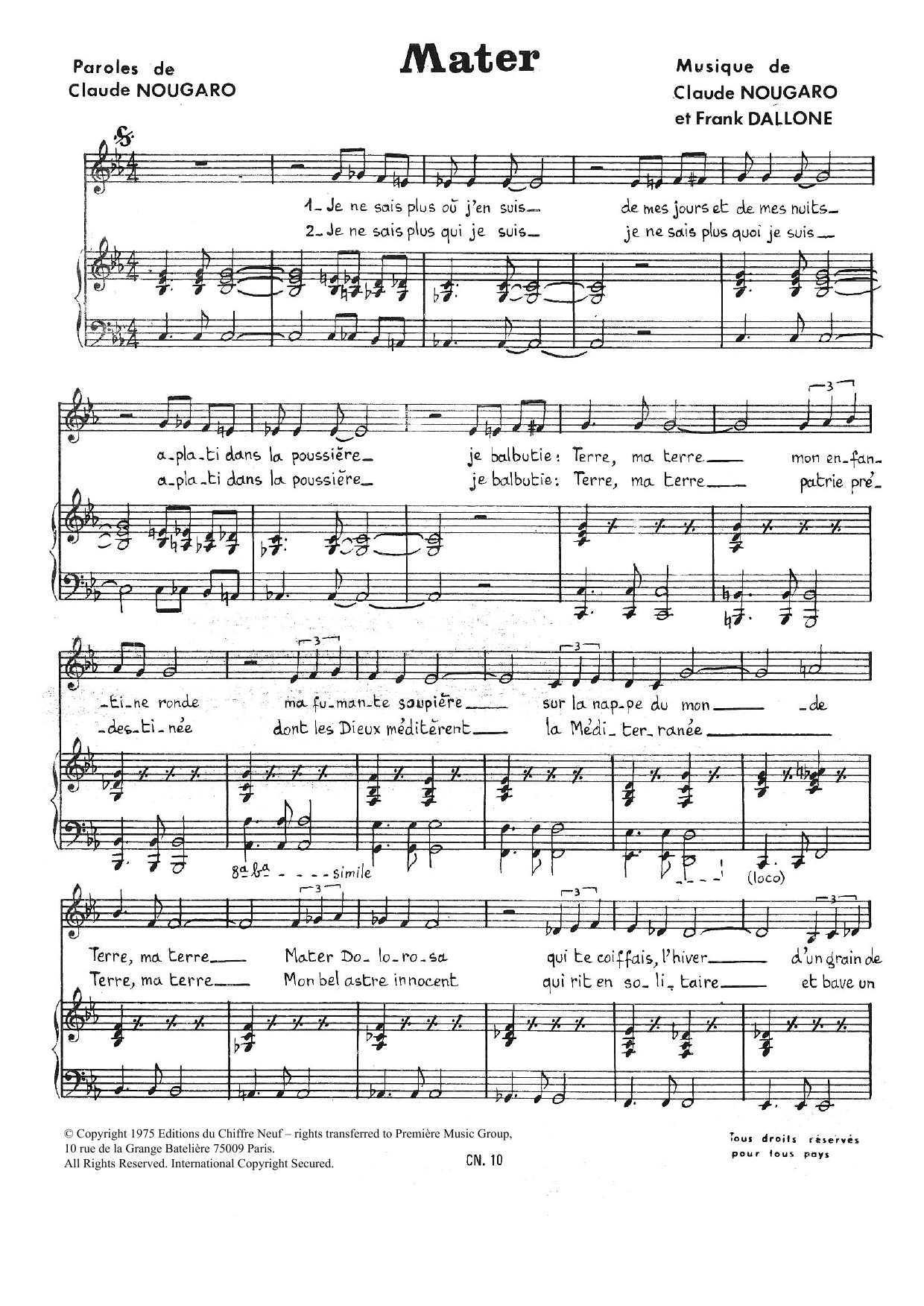 Claude Nougaro Mater sheet music notes and chords arranged for Piano & Vocal