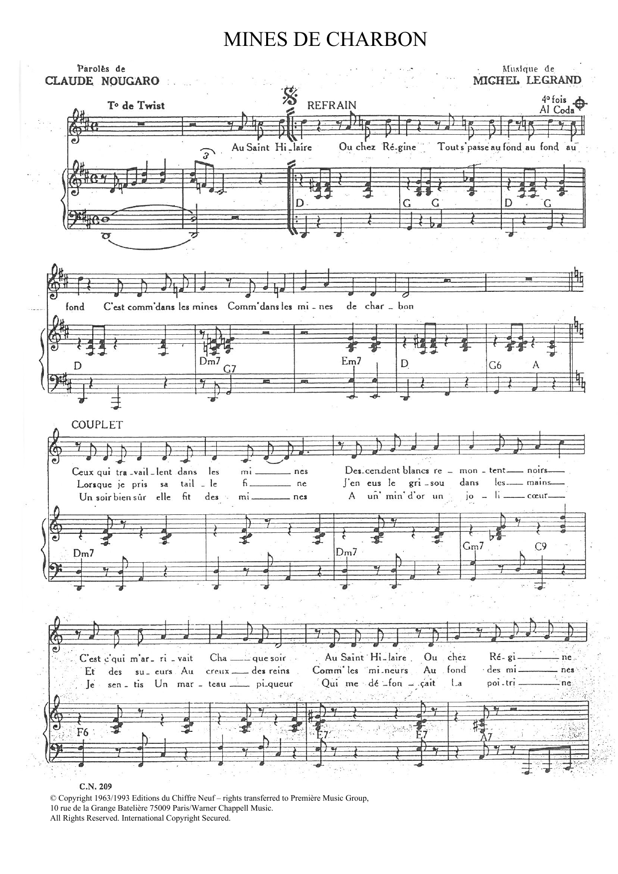 Claude Nougaro Mines De Charbon sheet music notes and chords arranged for Piano & Vocal