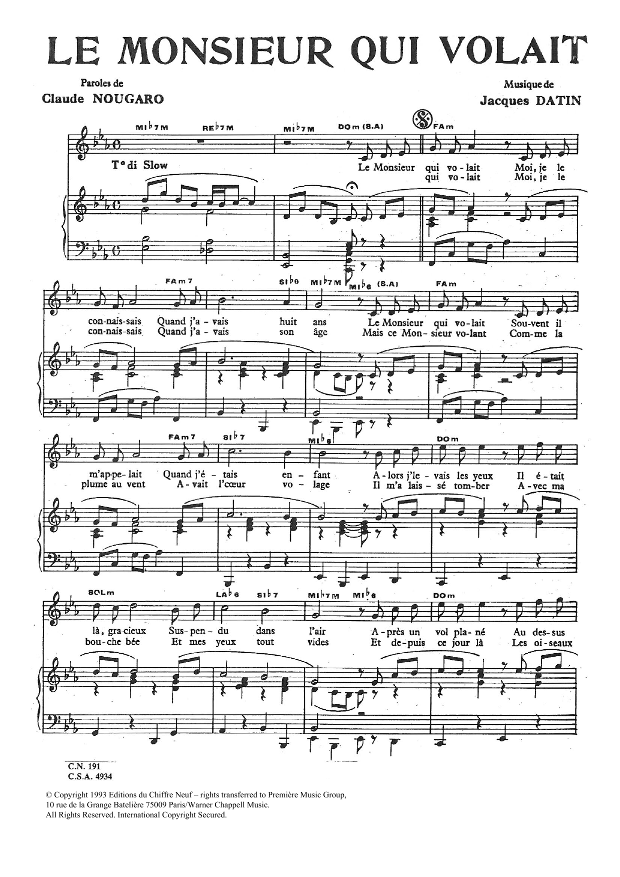 Claude Nougaro Monsieur Qui Volait sheet music notes and chords arranged for Piano & Vocal