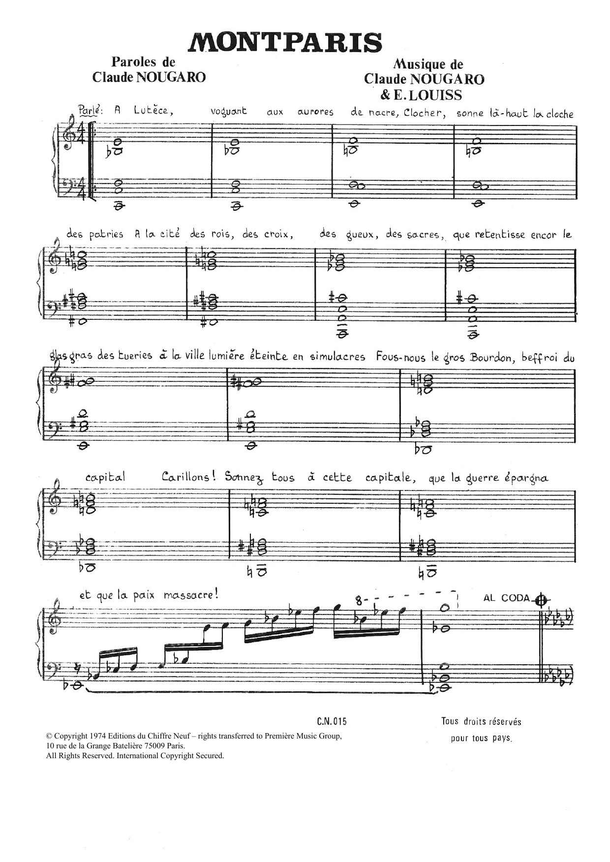 Claude Nougaro Montparis sheet music notes and chords arranged for Piano & Vocal