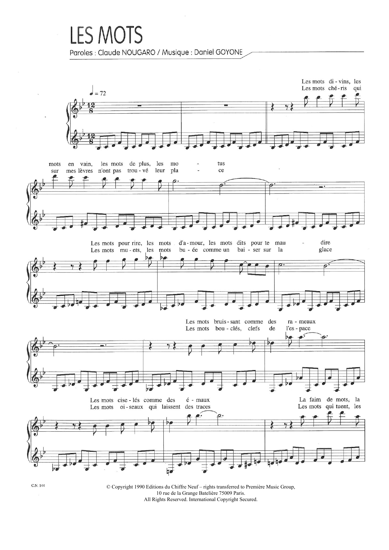 Claude Nougaro Mots sheet music notes and chords arranged for Piano & Vocal